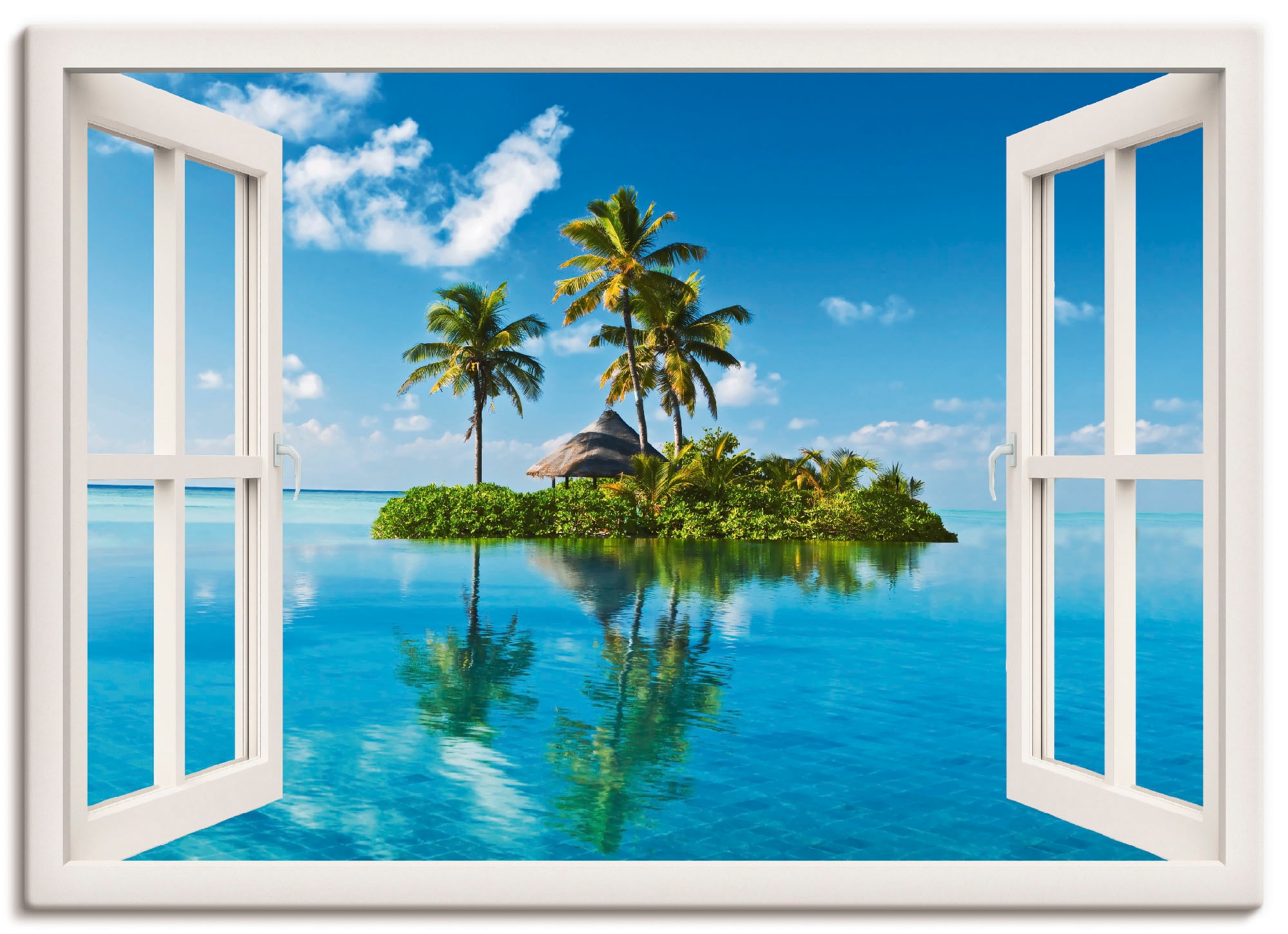 Image of Artland Leinwandbild "Fensterblick Insel Palmen Meer" Fensterblick 1 Stk. tlg. auf Holzrahmen gespannt