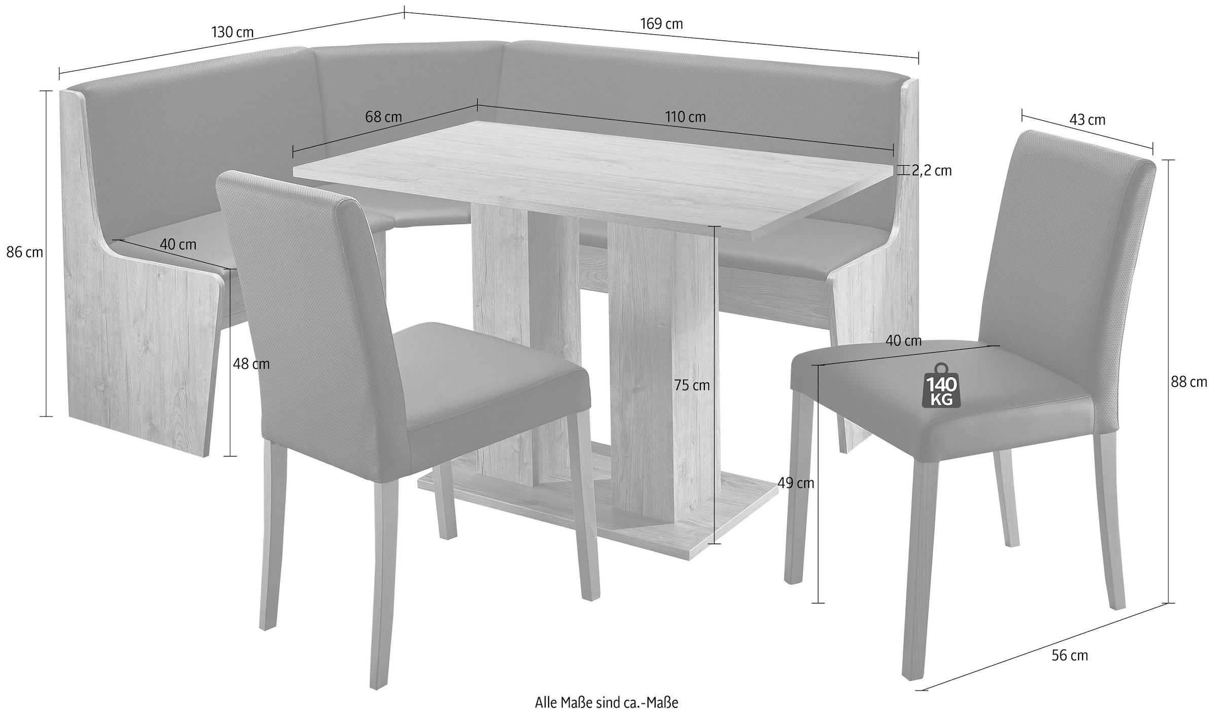 massivline&more Ensemble de bancs d'angle »Sylt« Ensemble, 4 cuis tlg. banquette d’angle modulable, banquette d’angle avec coffre