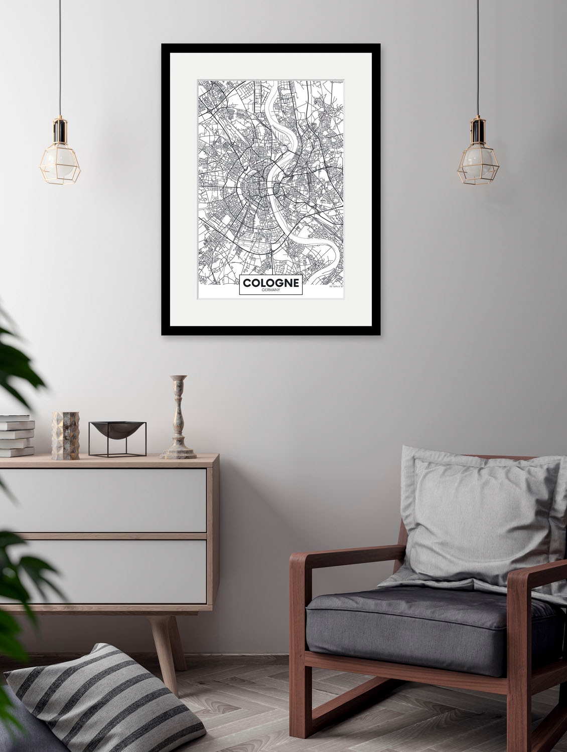 Image of queence Bild "Cologne Stadtkarte" Deutschland Gebäude Köln Schriftzug Stadt Städte 1 Stk. tlg. HD Premium Poster-Druck inkl. Holzrahmen