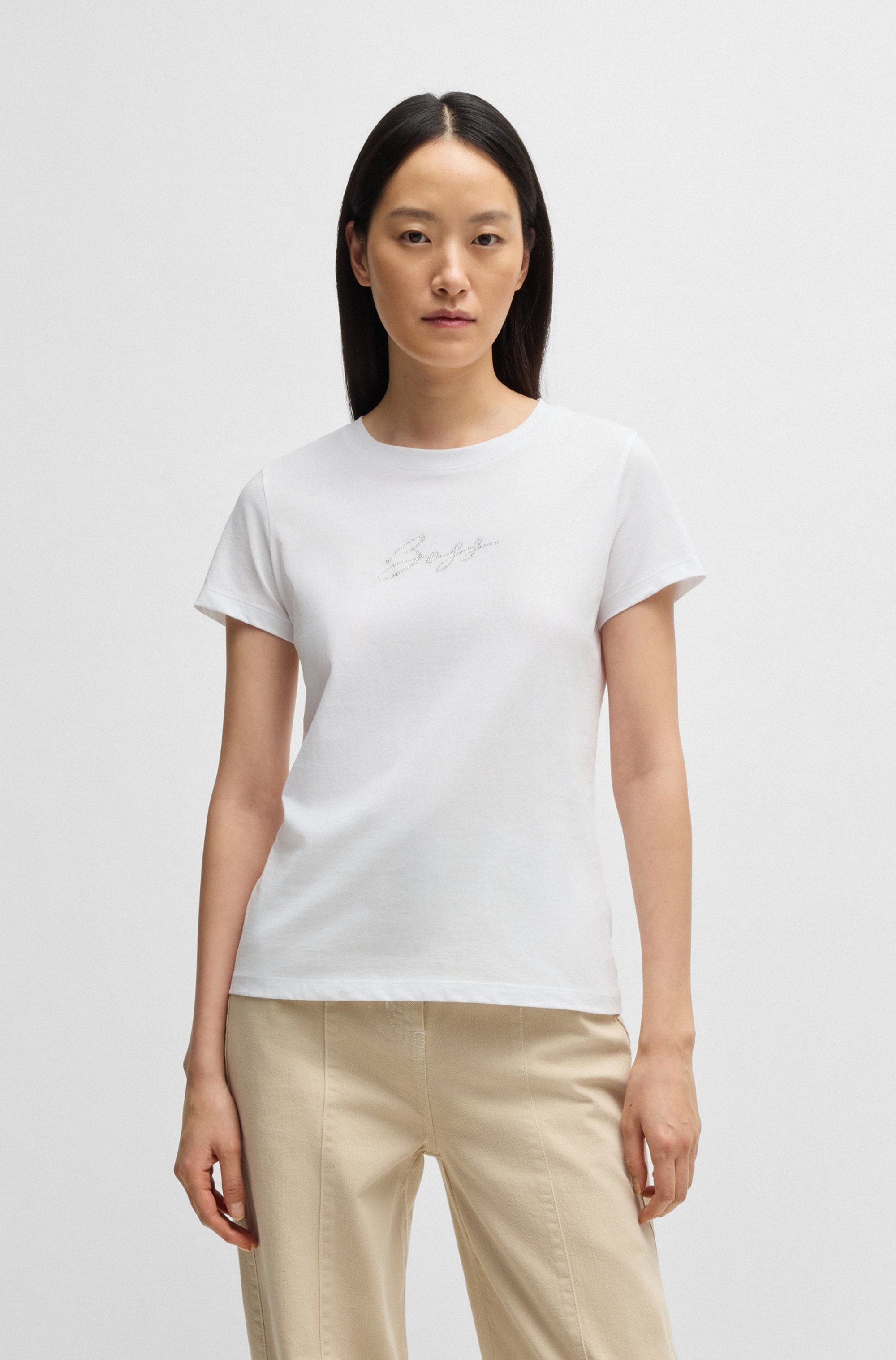 Image of BOSS ORANGE T-Shirt "Esogo MA crystal Premium Damenmode" mit glitzer Logoschriftzug