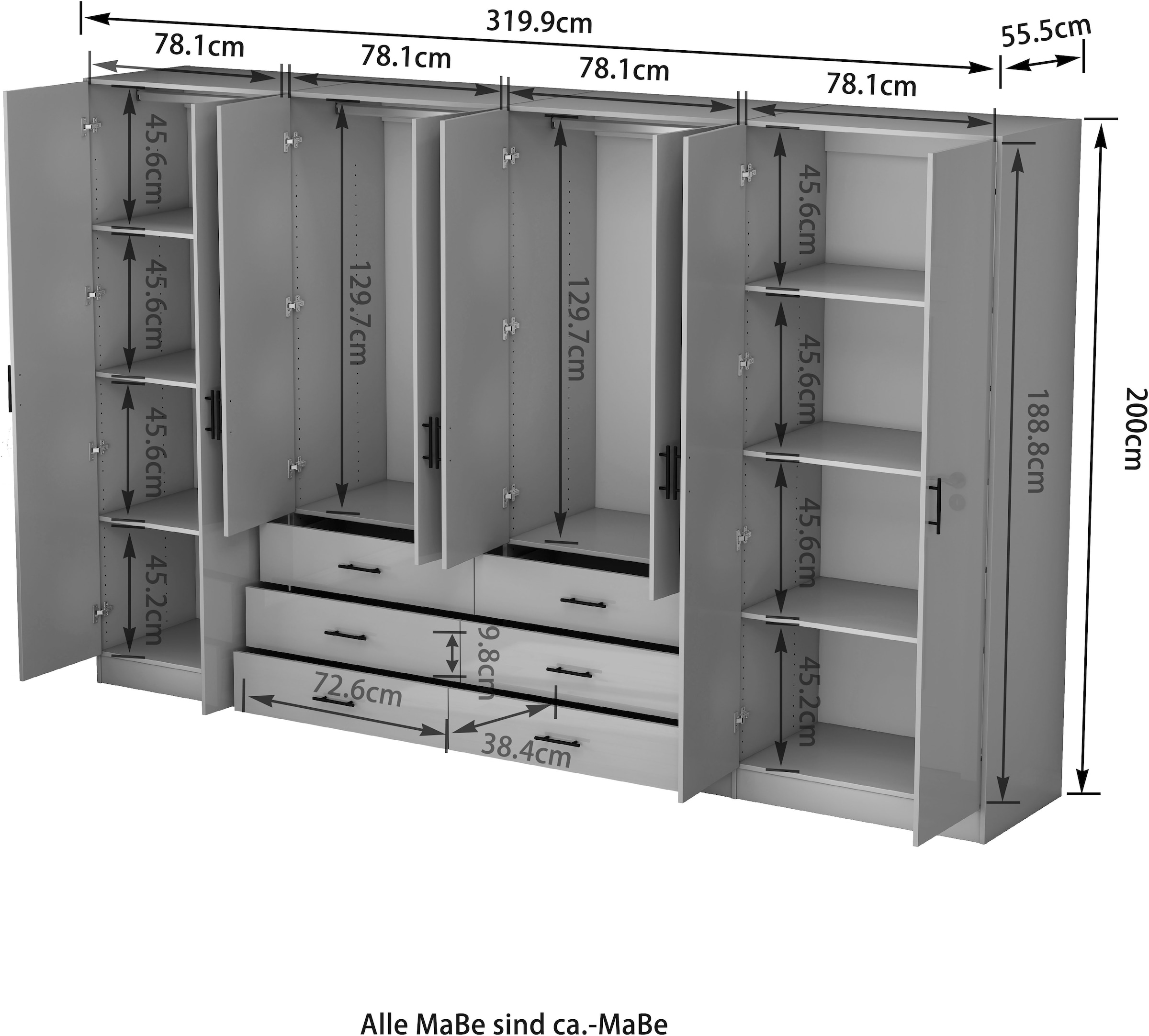 GOODproduct Kleiderschrank »Trento Schlafzimmerschrank Garderobe hochglanz« Schrank mit 8 Türen und 6 Schubladen, hochglänzende Fronten