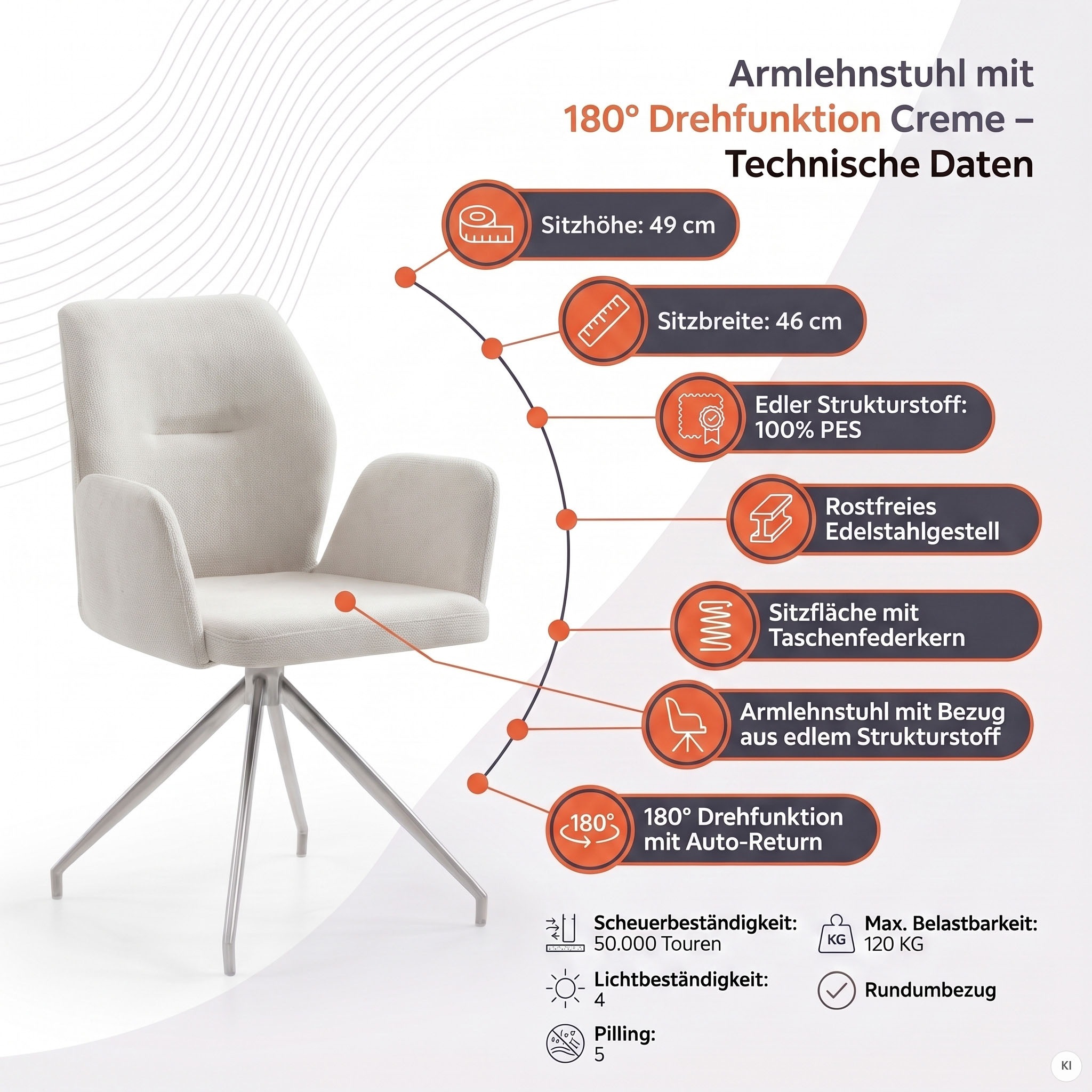SalesFever Esszimmerstuhl »Taormina Armlehnstuhl mit silbernem Edelstahlgestell« () 1 Stk.Esszimmersessel, 180° Drehfunktion, Gestell aus rostfreiem Edelstahl