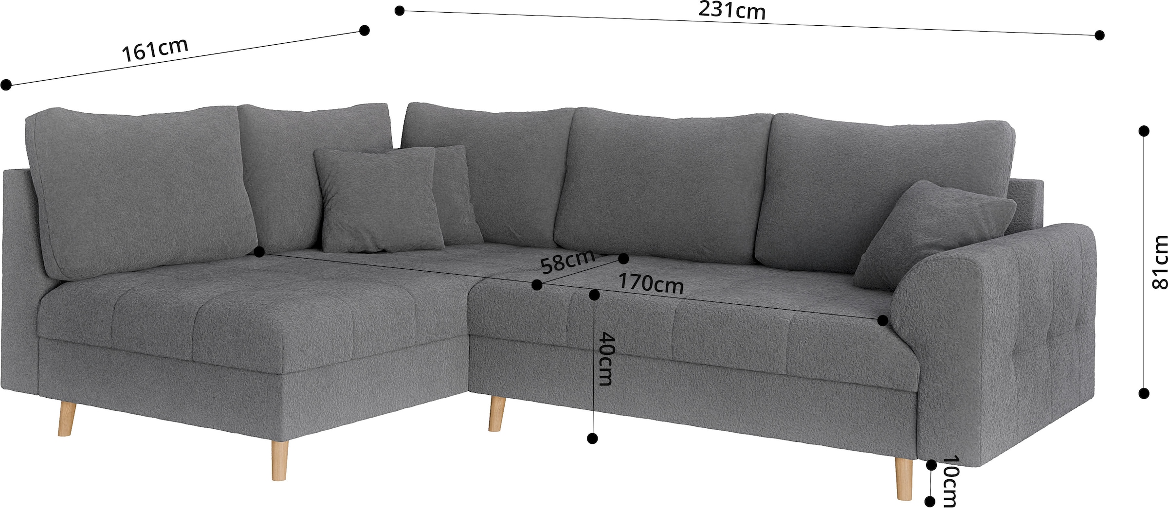 Home affaire Ecksofa »CHARRE L-Form mit Ottomane, Masse B/T/H: 231/161/81 cm«, feine Steppung, lose Rücken- und Zierkissen, auch in Cord und Bouclé