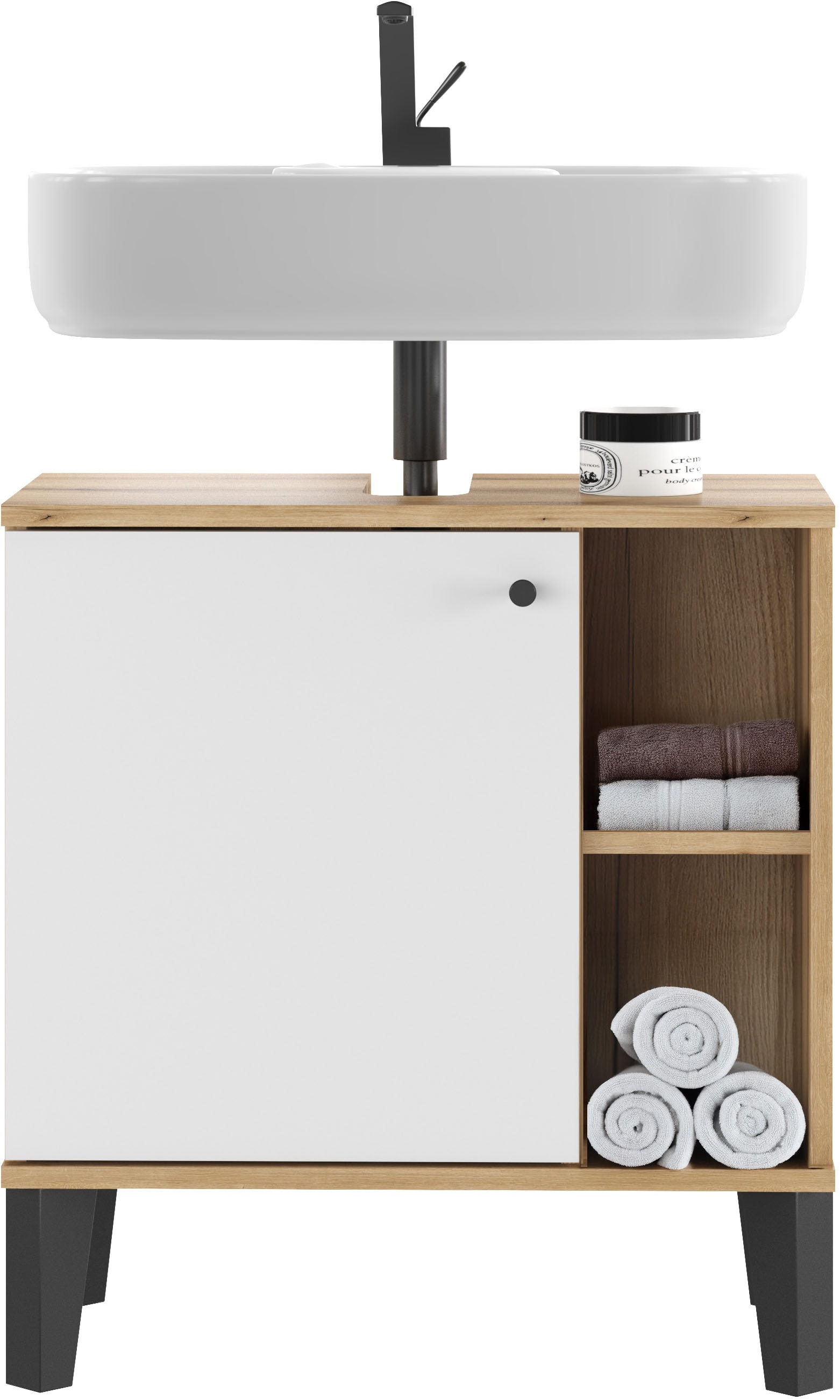 INOSIGN Waschbeckenunterschrank »Oslo, Waschtisch mit Knopfgriff, Badschrank im skandinavischen Design« in der Türfarbe Weiss oder Grau verfügbar, ausreichend Stauraum