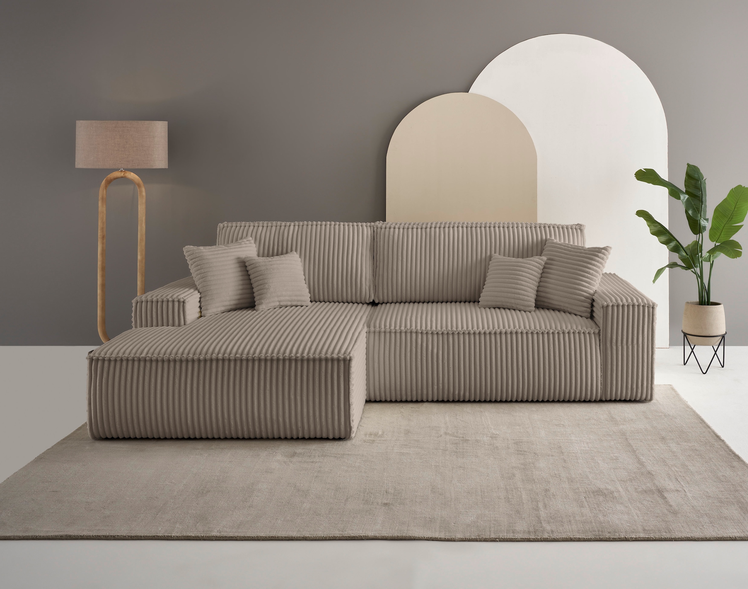 andas Ecksofa »Finnley Schlafsofa 267 cm in Bouclé, Struktur fein u. Cord, L-Form,«, Schlaffunktion m. Bettkasten (136/210 cm), Bouclé, Struktur und Cord