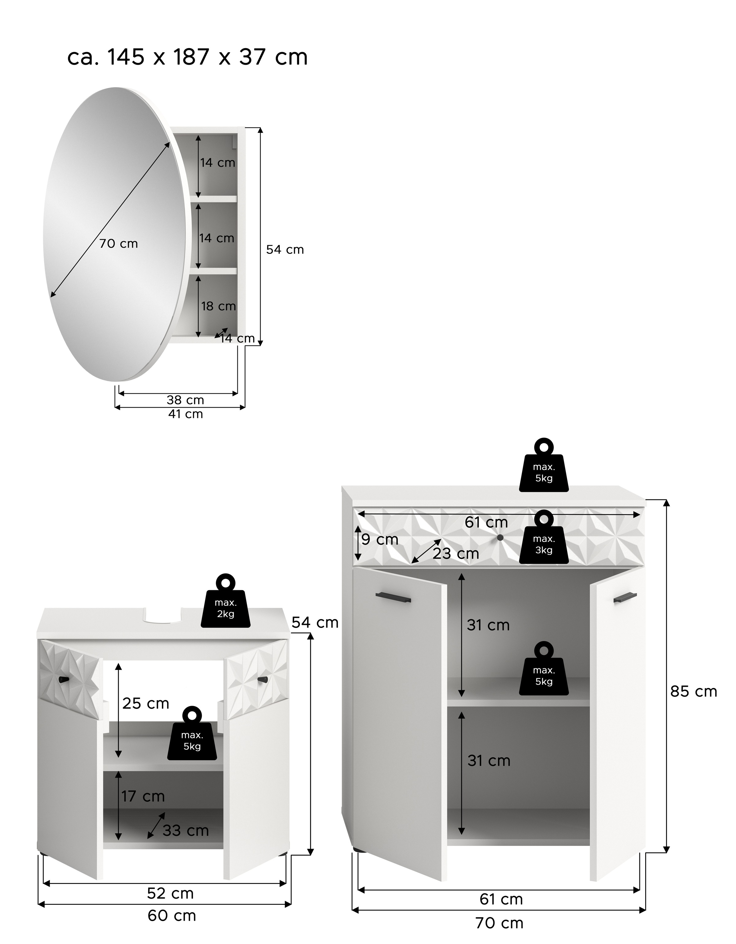 INOSIGN Ensemble de salle de bains »VICENZA, TOPSELLER!, Breite 145cm, 3-teilig, mit Ornamentabsetzung« best. aus: Waschbeckenunterschrank, Spiegelschrank und Unterschrank, 