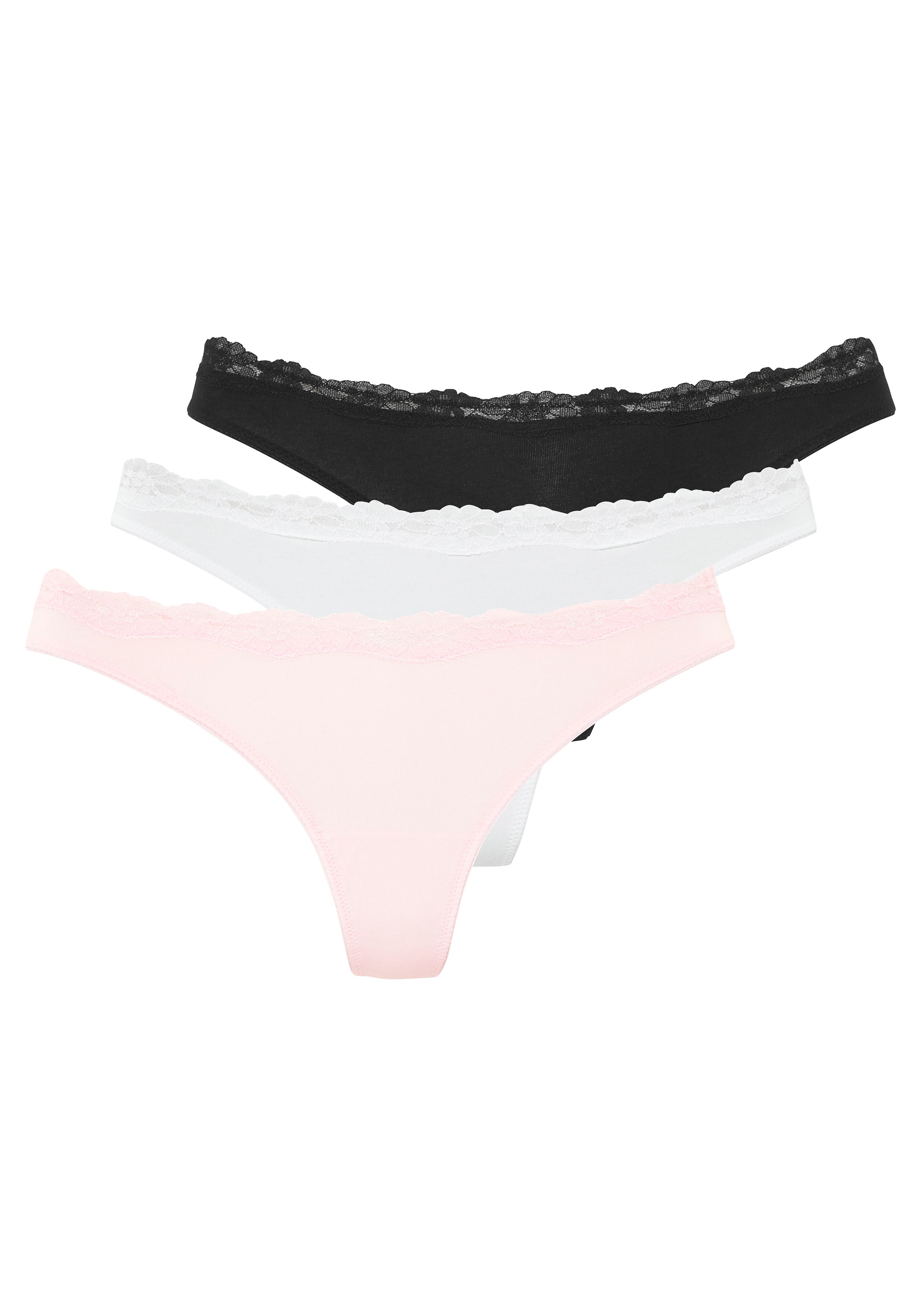 LASCANA String 3er-Pack,  aus elastischer Baumwolle mit zarter Spitze