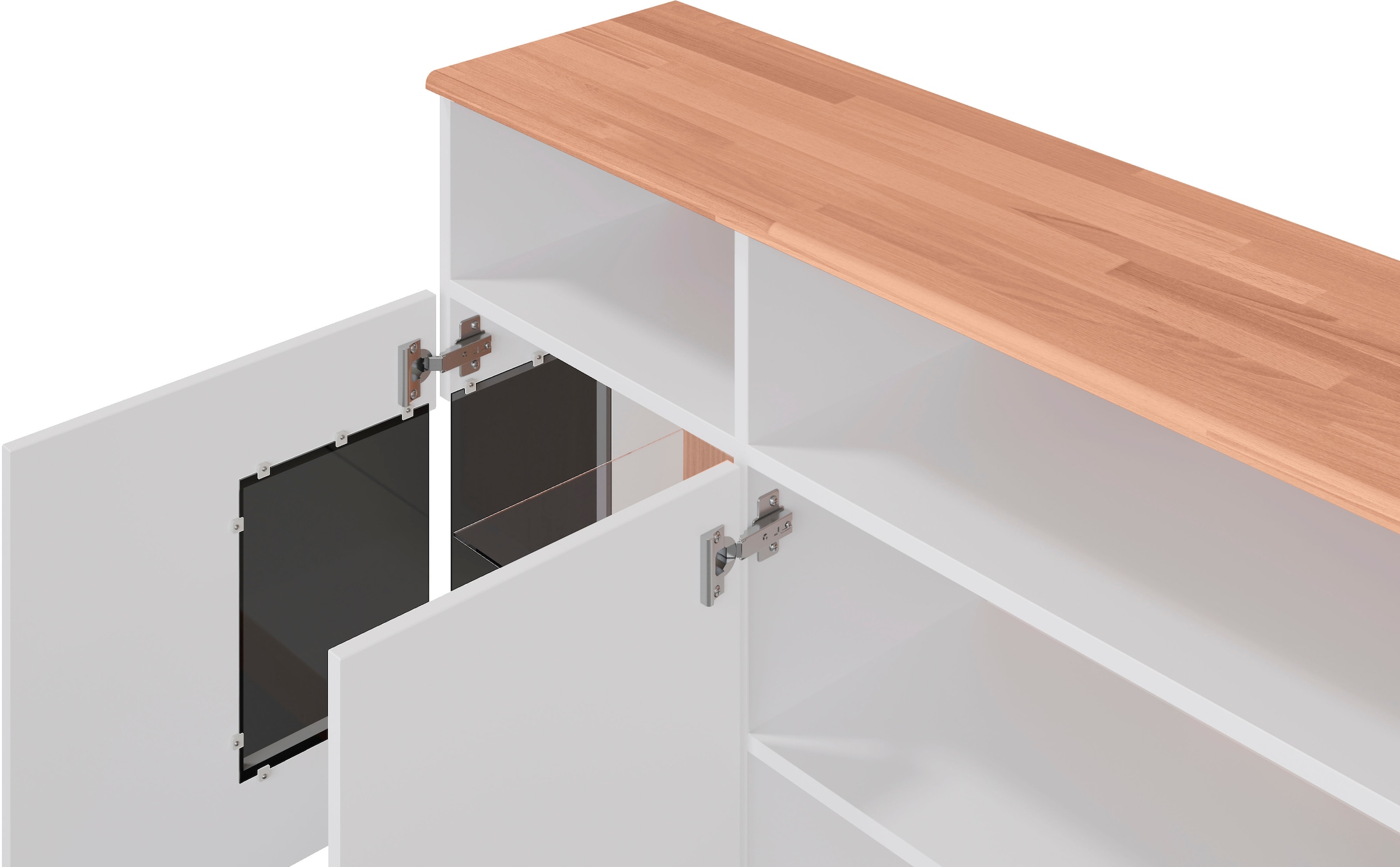 Home affaire Sideboard »Ribe,180cm breit, 9 Fächer«, Oberplatte Massivholz,schwarze Metall Griffe,2 Türen mit Glaseinsatz