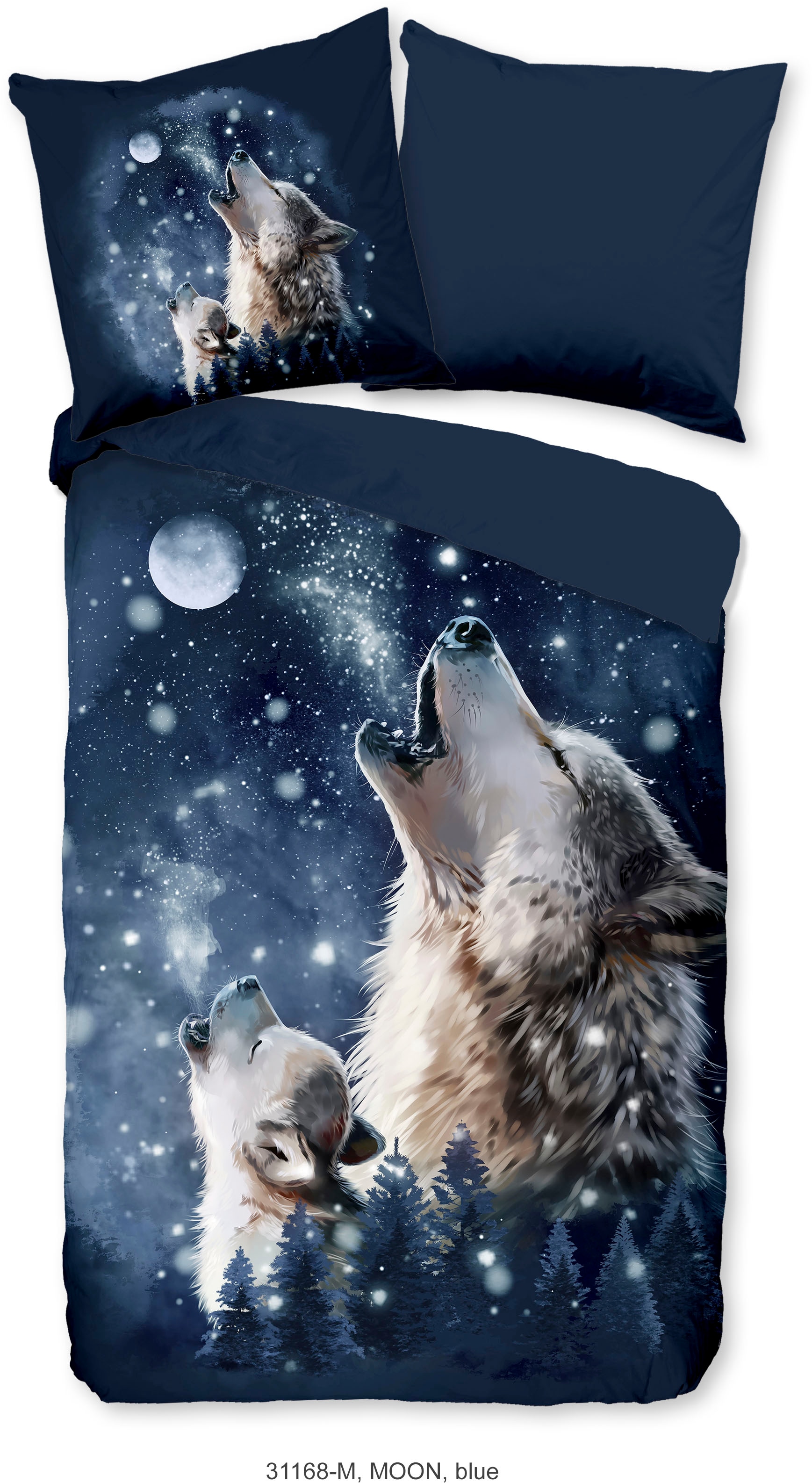 PURE luxury collection Wendebettwäsche »Moon«, Mikrofaser, 135x200, Pflegeleicht, Reissverschluss, Wendeoptik, Wolf