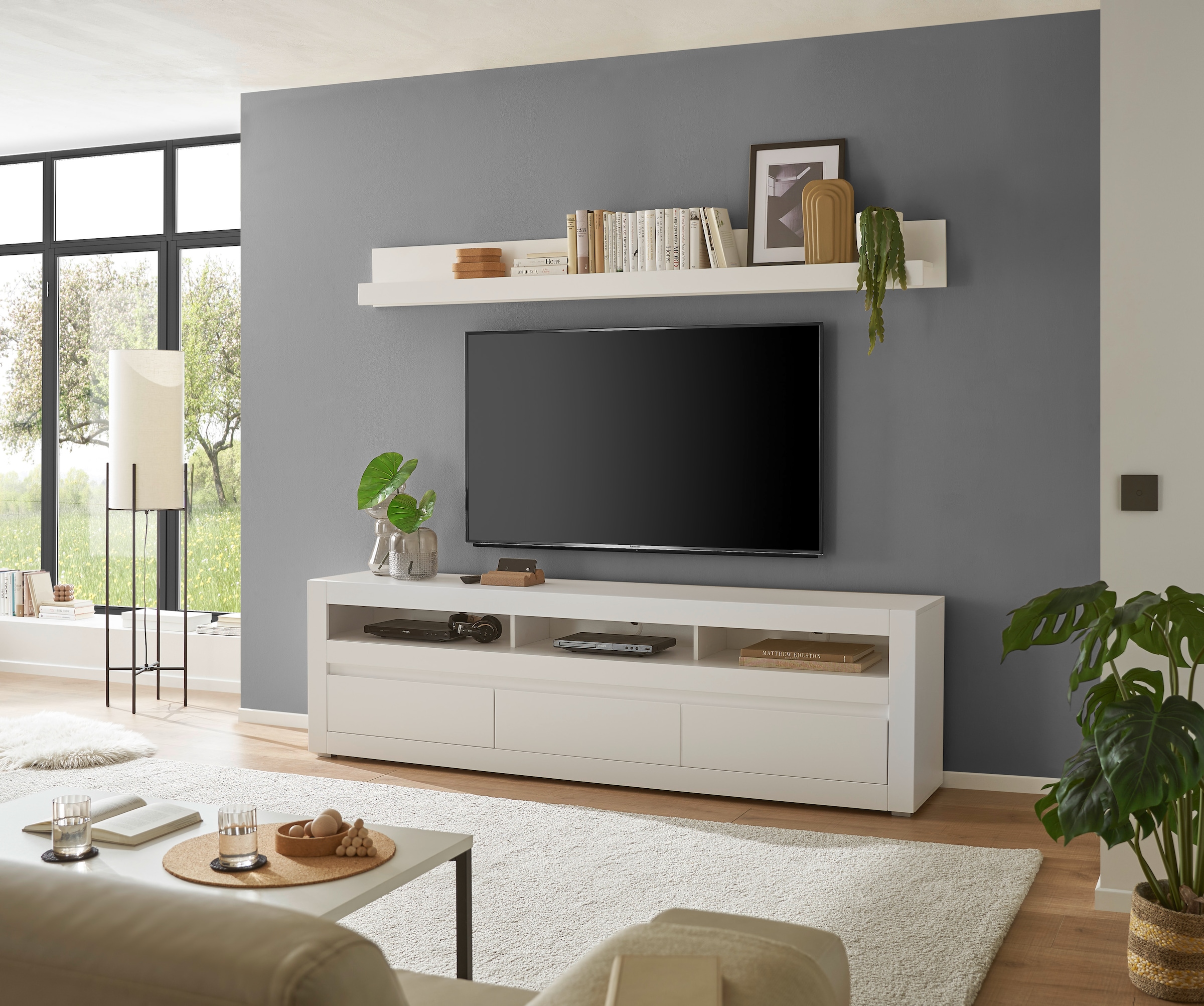 INOSIGN Wohnwand »Anbauwand in Weiss Matt, Wohnzimmer-Set mit austauschbarer Blende«, (Set, 2 St.), enhält Lowboard, Wandboard, zeitloses Design, 217 cm breit