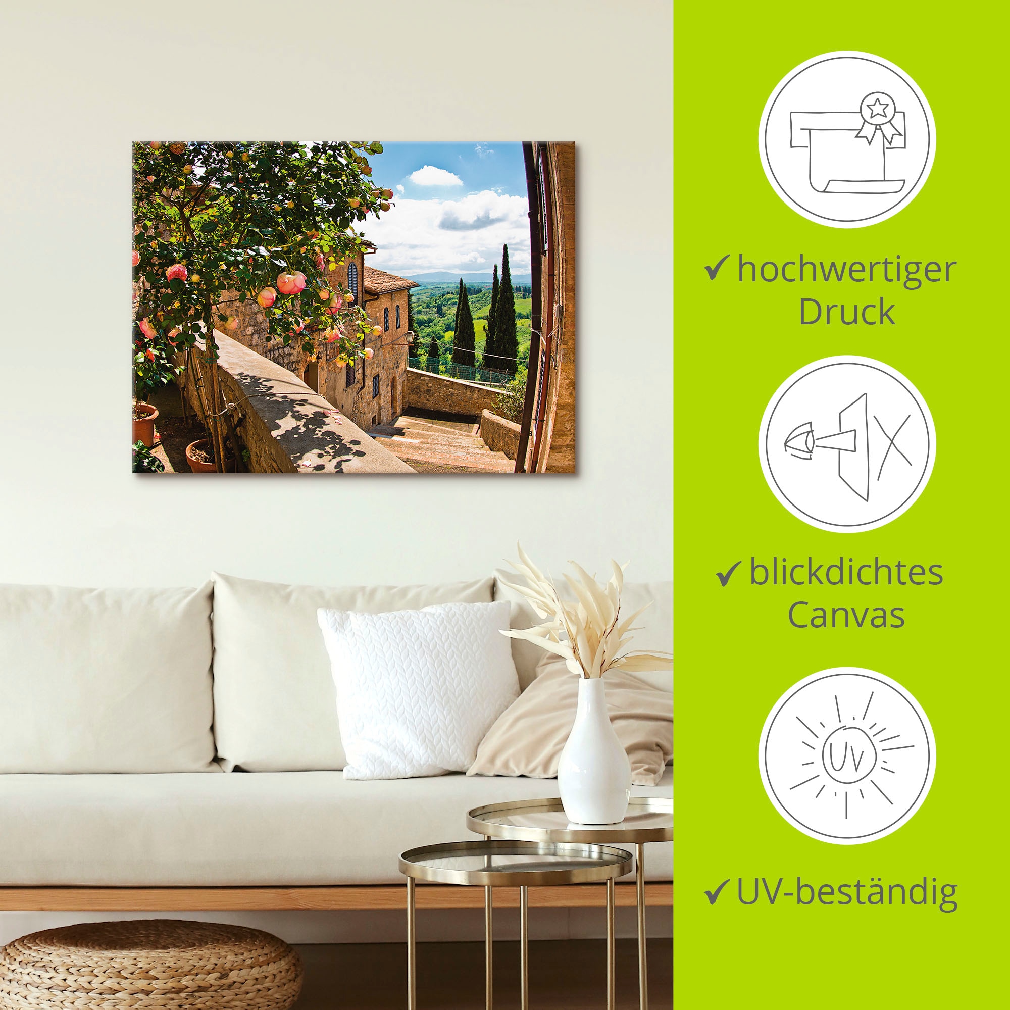 Artland Wandbild »Rosen auf Balkon Toskanalandschaft« Garten 1 Stk. tlg. als Leinwandbild, Poster in verschied. Grössen