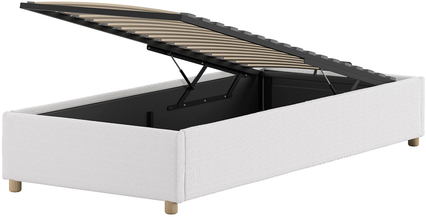 Vipack Chaise longue rembourrée »Moon, ideal unter Dachschrägen einsetzbar, Bettkasten bietet Stauraum« Massivholzfüsse, Bezug mit flauschigem Bouclé Stoff wahlweise 3 Farben