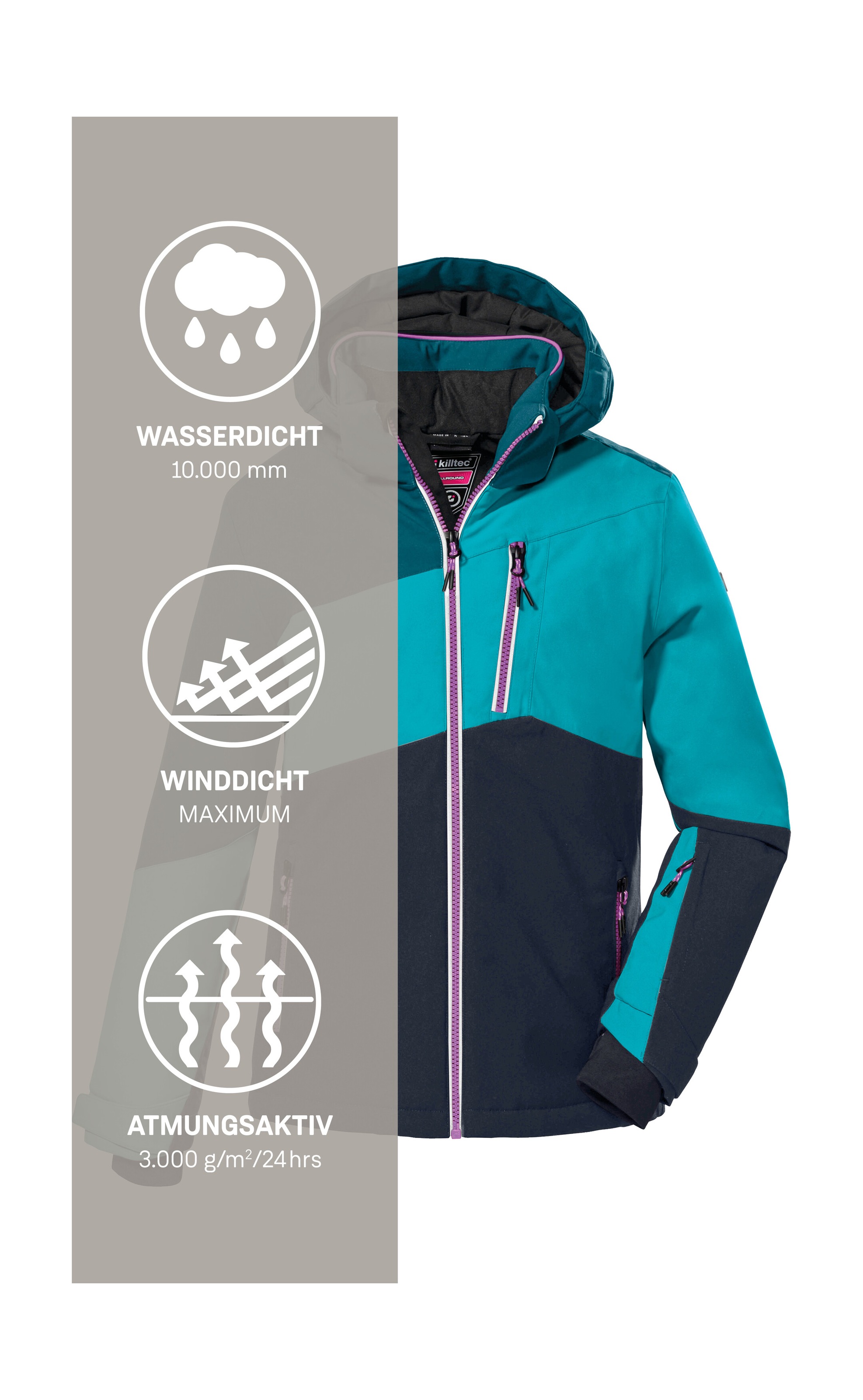 Killtec Veste de ski »KSW 166 GRLS SKI JCKT« veste de ski respirante, étanche à l'eau et au vent avec capuche amovible