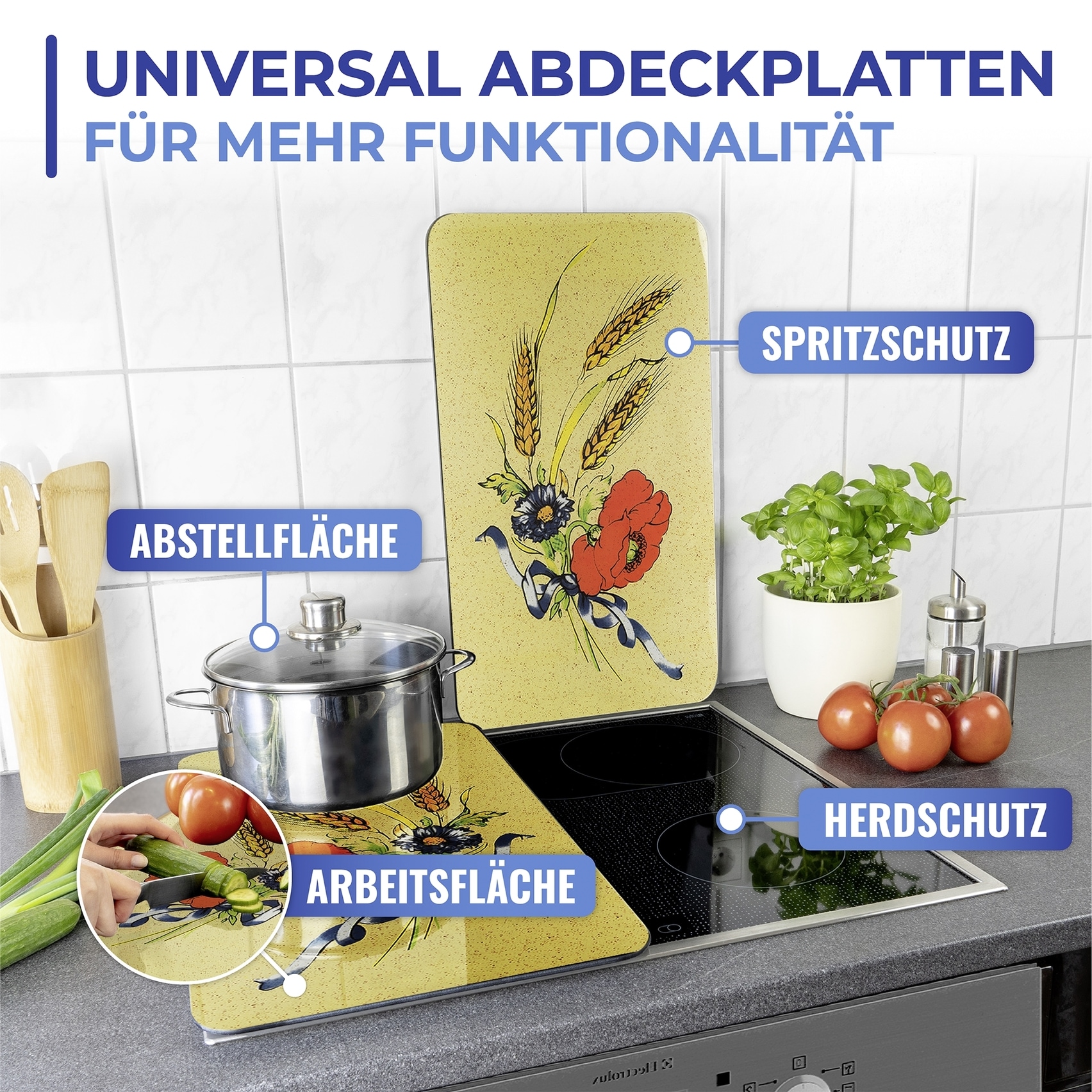 Maximex Herd-Abdeckplatte »Universal Modell Kornblumen«, (Set, 2 tlg.), Herdabdeckung für alle Herdarten, kratzfest, mit rutschfesten Füssen