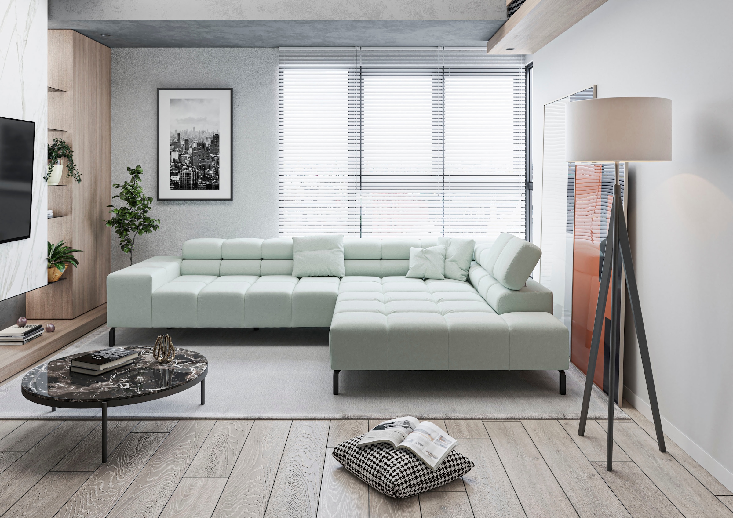 Image of Home affaire Ecksofa "Ancona New, wahlweise motorische Sitztiefenverstellung, auch in Cord" feine Steppung, mit Kopfteilverstellung, 3 Zierkissen, L-Form