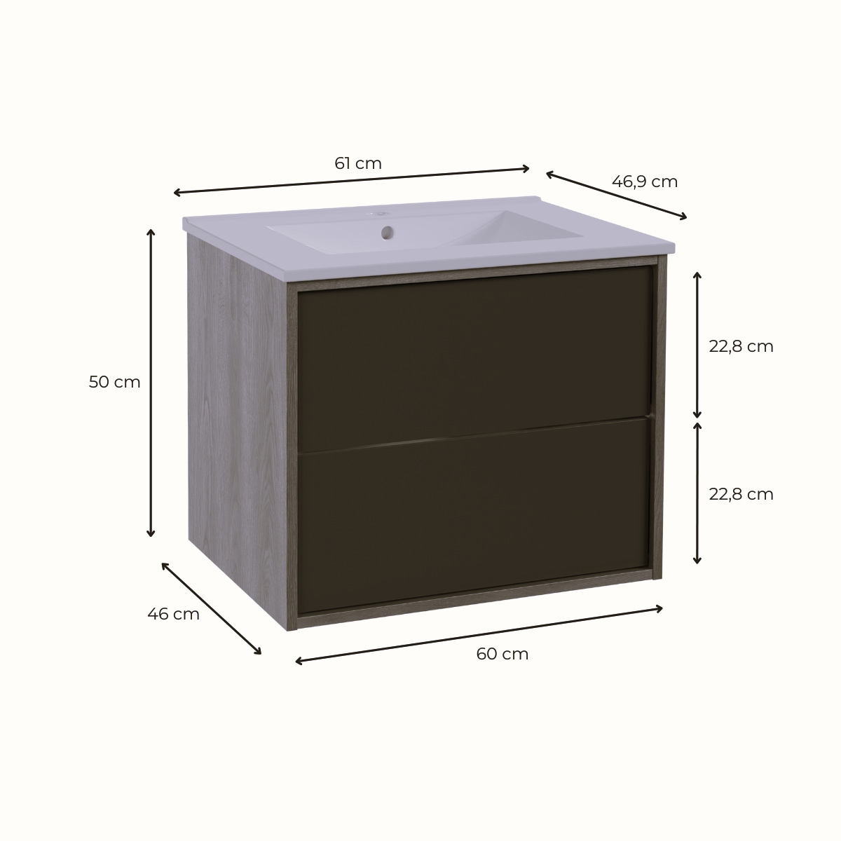 welltime Waschtisch »Waschbeckenunterschrank Line mit Waschbecken,Badmöbel,zwei Schubladen« Badschrank mit Waschbecken, Push to open, Masse B/H/T: 61/53/47 cm