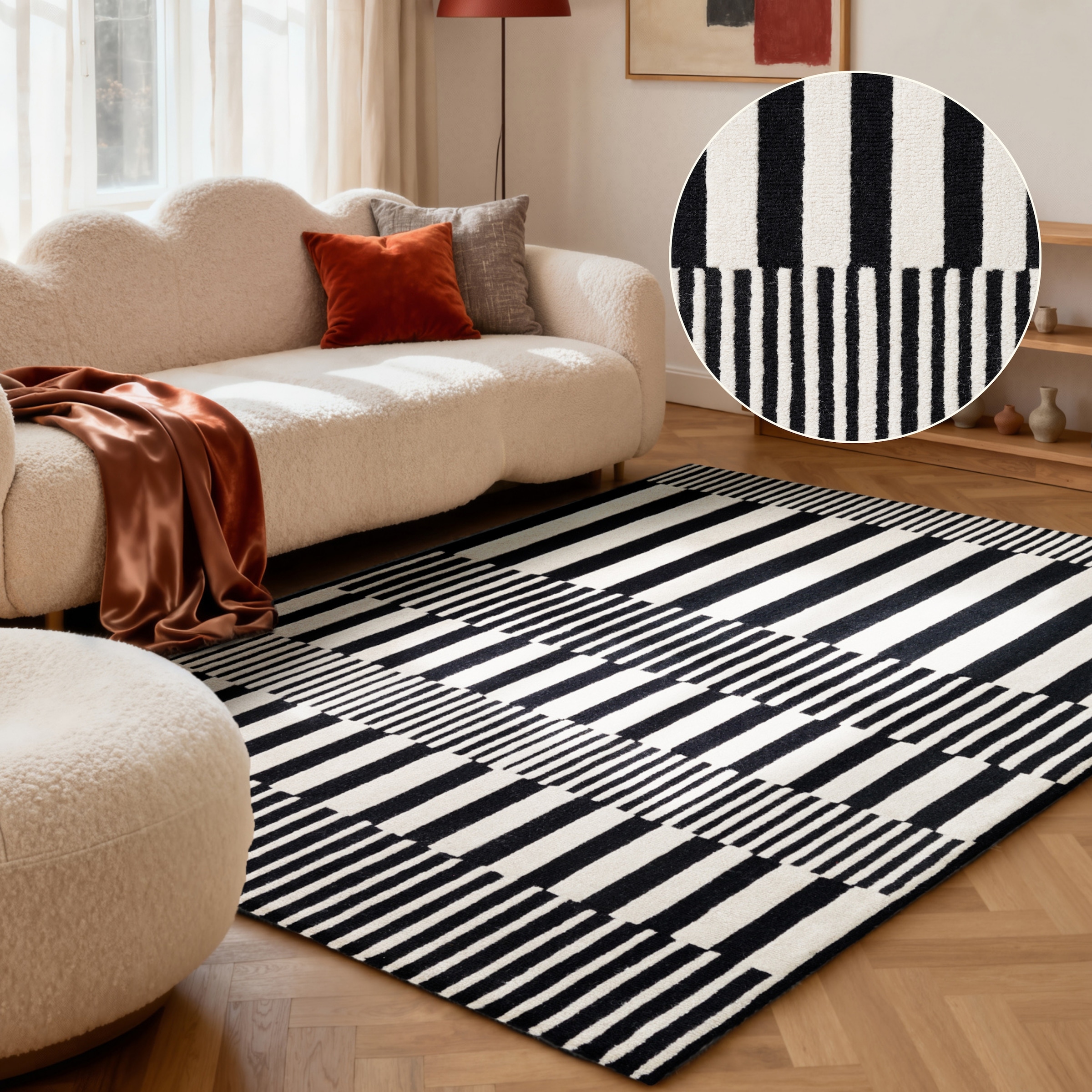 Image of ELLE DECORATION Wollteppich "Pulse" rechteckig 12 mm Höhe Wolle, Natur, Wohnzimmer, schwarz weiss, Modern, Geometrisch, Streifen