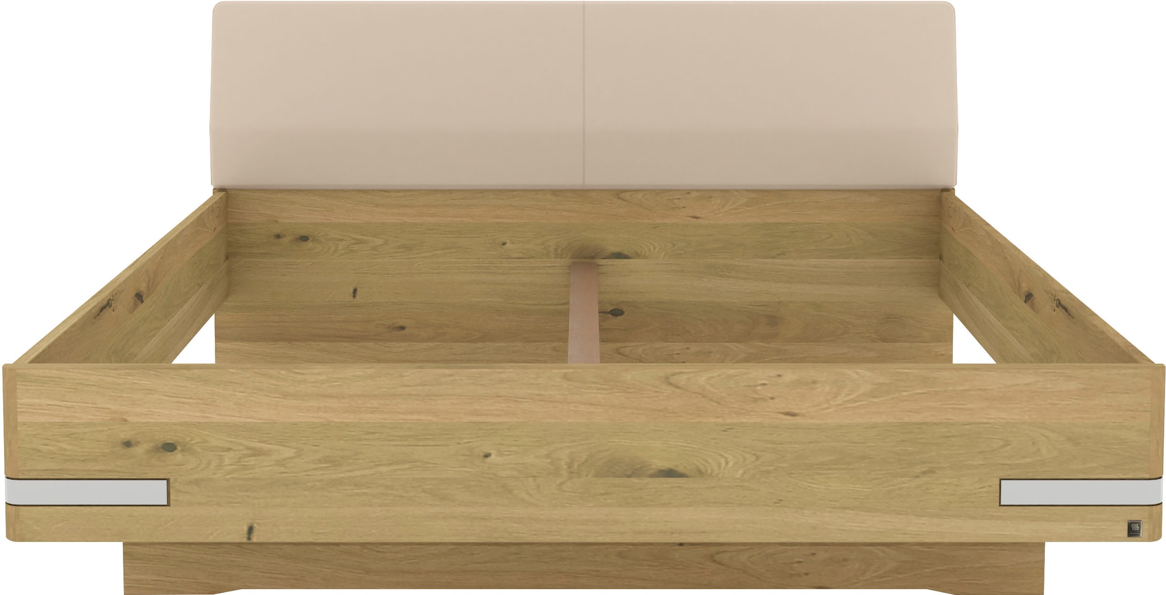 Musterring Lit en bois »Savona, Bettgestell, Bettrahmen, teilmassiv Bianco-Eiche« Capacité 220 kg, réglage 4 positions de hauteur de couchage, MADE IN GERMANY,  tête de lit en similicuir champagne, détails chromés, différentes tailles