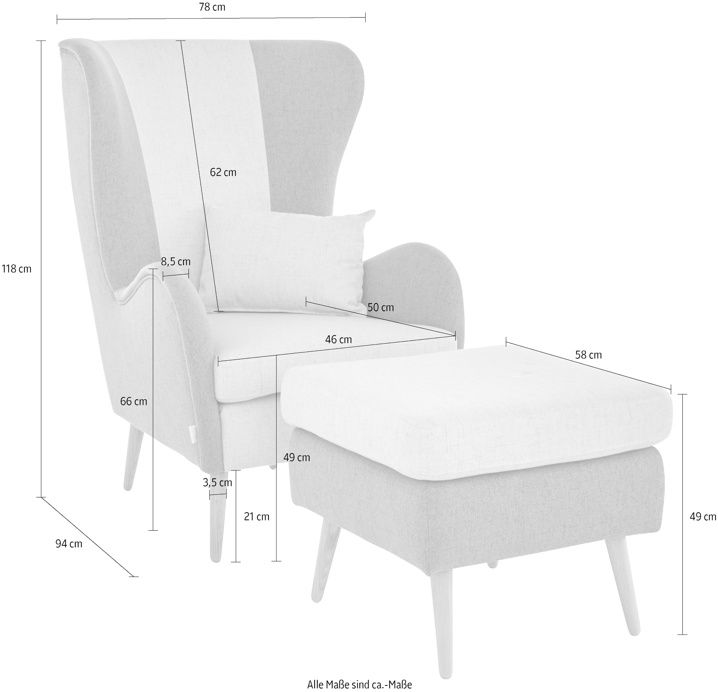 Guido Maria Kretschmer Home&Living Sessel »Salla Bezug Bouclé oder Struktur fein, Ohrensessel«, wahlweise mit oder ohne Hocker; grosser Sessel: Masse B/T/H: 78/94/118cm