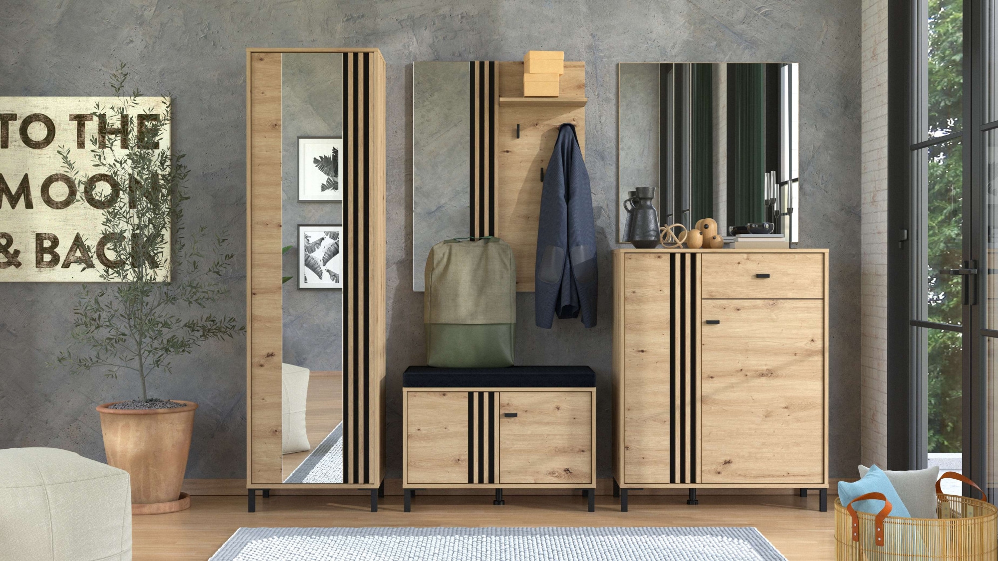 Image of Home affaire Garderoben-Set "LAVAL, Flurmöbel, Flurschrank, Flurgarderobe Breite 221 cm" 5 Stk. tlg.