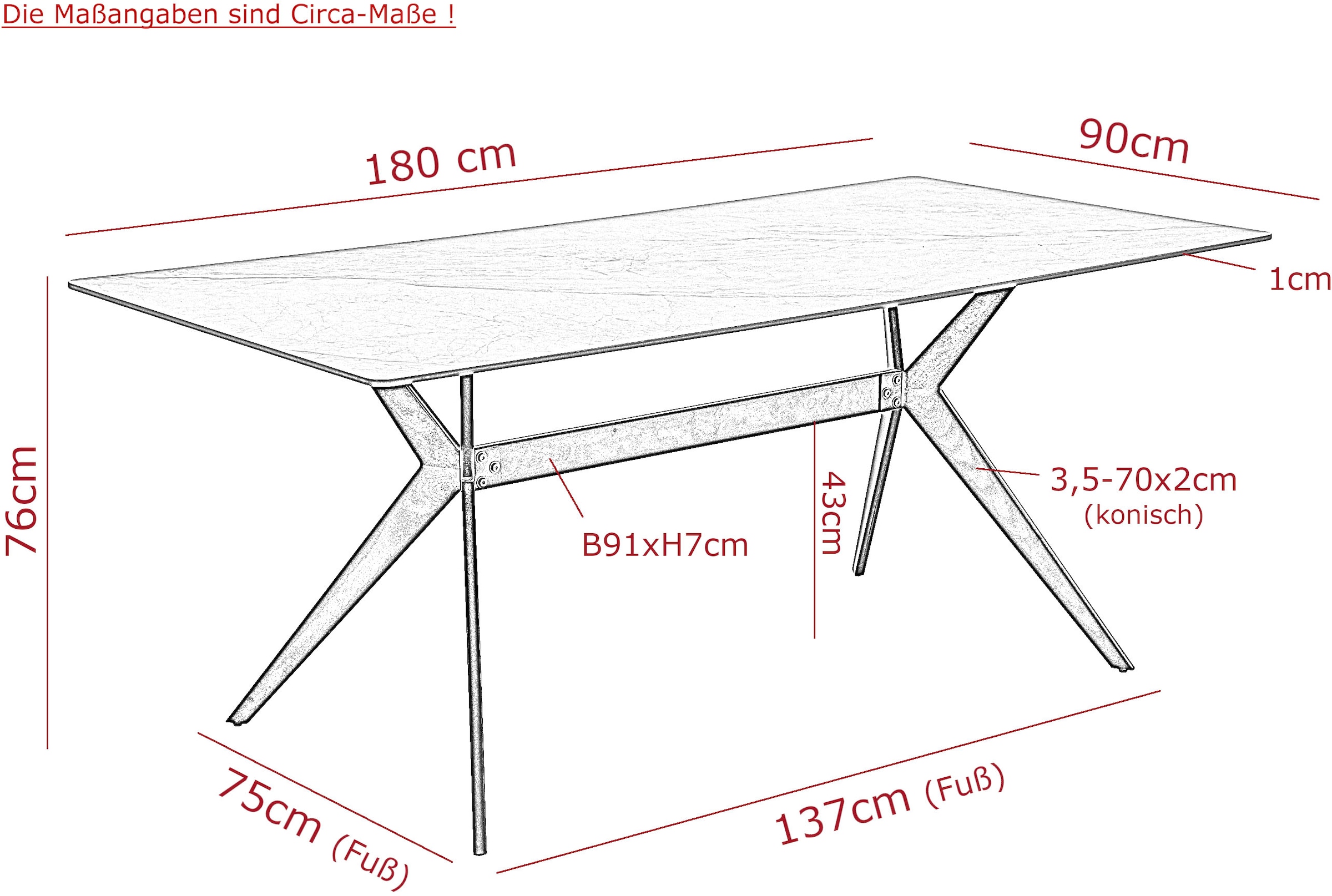 HELA Esstisch »PACCINO« 1 Stk. tlg. Sintered Stone, Marmoroptik, Platte fest (1 cm), Metallgestell konisch
