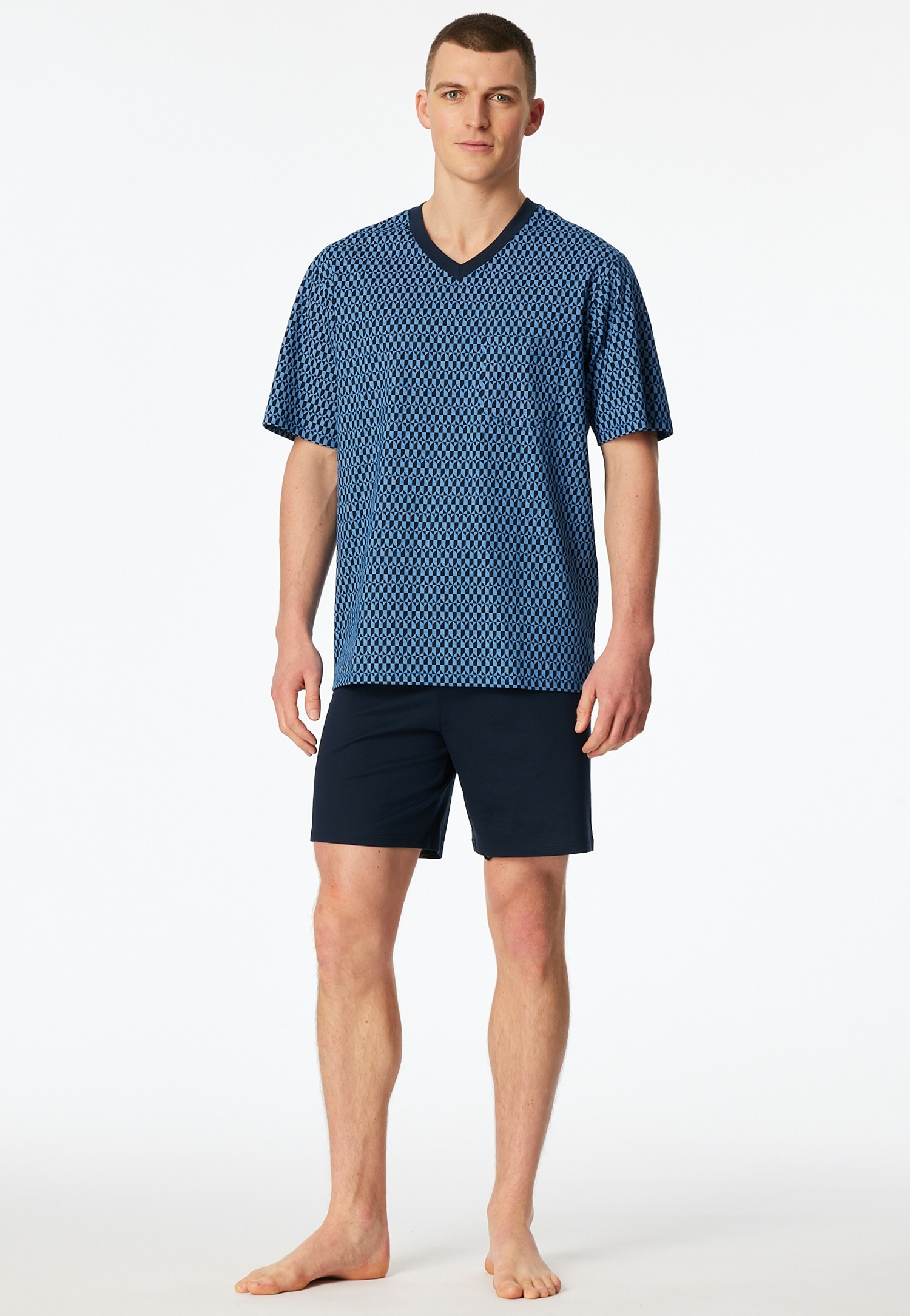 Image of Schiesser Shorty "Comfort Nightwear" 2 tlg. mit klassischem Karo-Muster, V-Ausschnitt und aufgesetzter Brusttasche