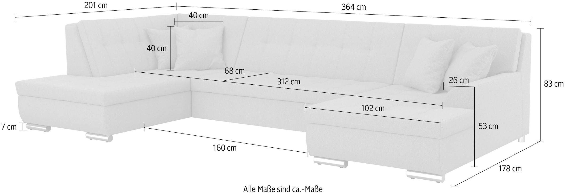 DOMO collection Paysage de salon »Treviso incl. Zierkissen, moderne Steppung, XXL: B/T/H: 364/201/83 cm« wahlweise mit Bettfunktion, in vielen Bezugsarten auch in Cord  U-Form