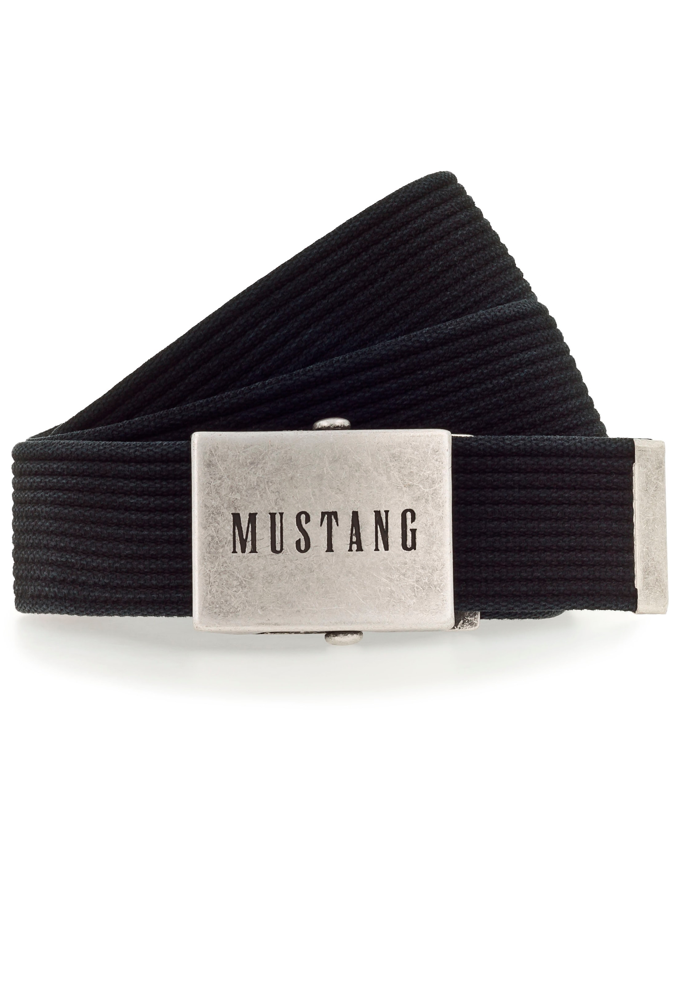 Image of MUSTANG Stoffgürtel ""Tucker"" Gewaschenes Rillenband, Klemmverschluss aus mattem Silber, 4 cm