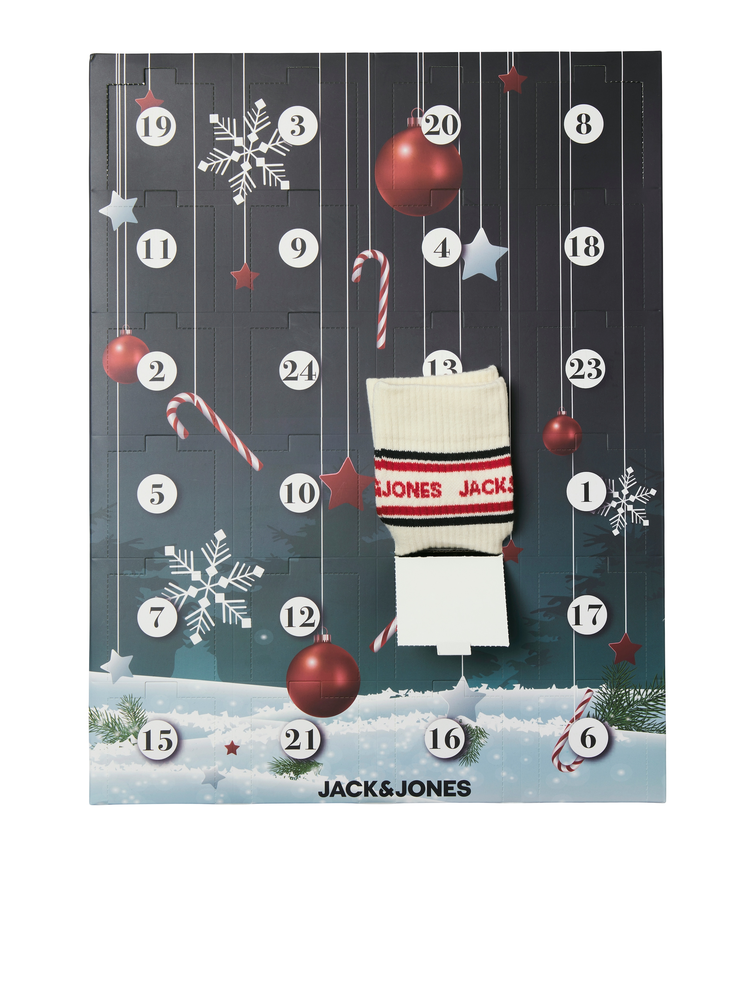 Jack & Jones Freizeitsocken »JACCHRISTMAS SOCK Adventskalender« Packung, 24 Paar tlg. 24 Paar Socken mit Weihnachtsmotiven, Baumwollmischung
