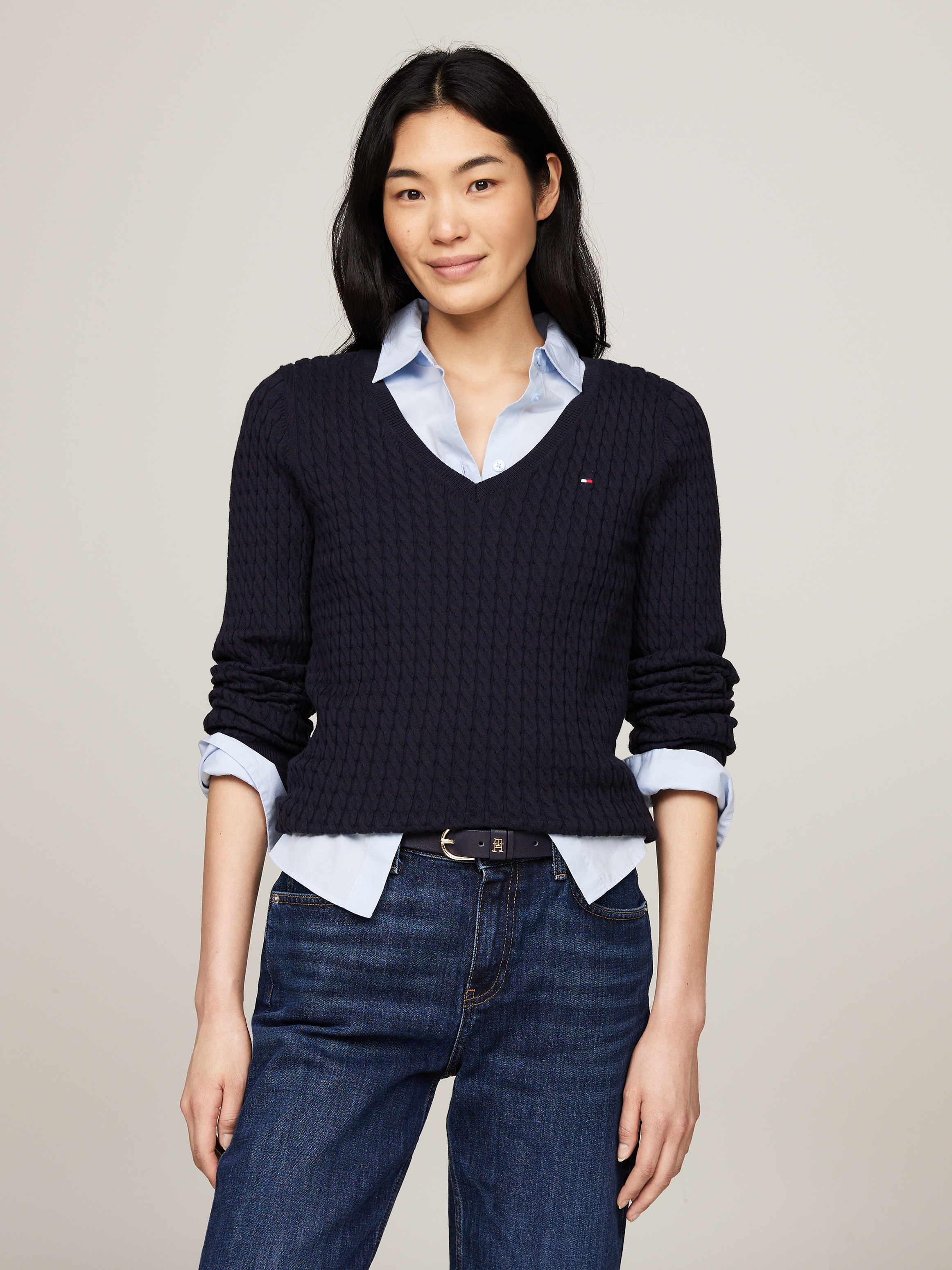 Tommy Hilfiger Strickpullover »CO CABLE V-NK SWEATER«, mit Zopfmuster