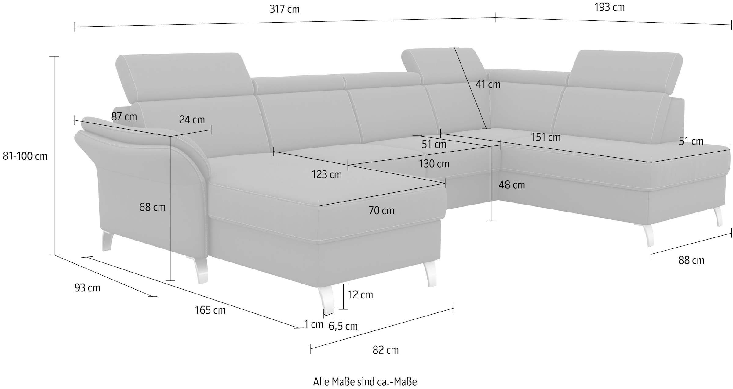 sit&more Wohnlandschaft »Vincenzo U-Form«, inklusive Kopfteilverstellung, wahlweise mit Bettfunktion, Bettkasten