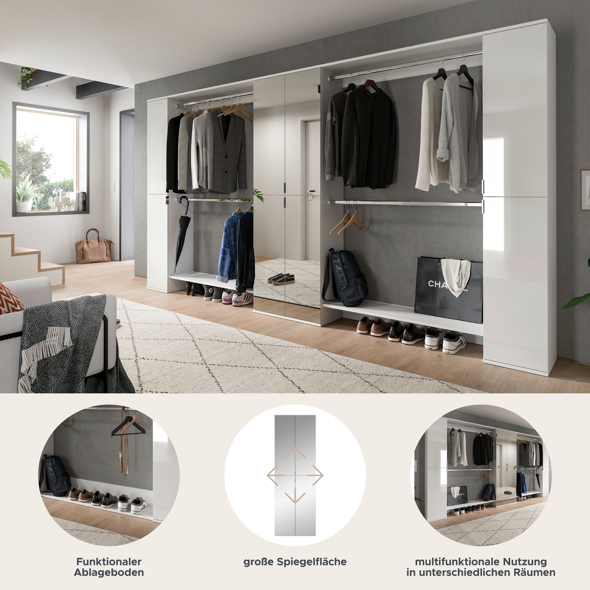 INOSIGN Garderoben-Set »Trondheim, Garderobenset 5-tlg. Breite 341 cm,«, (5 St.), best. aus: Spiegelschrank, 4 Kleiderstanden, 2x Schrank, Flur, Diele