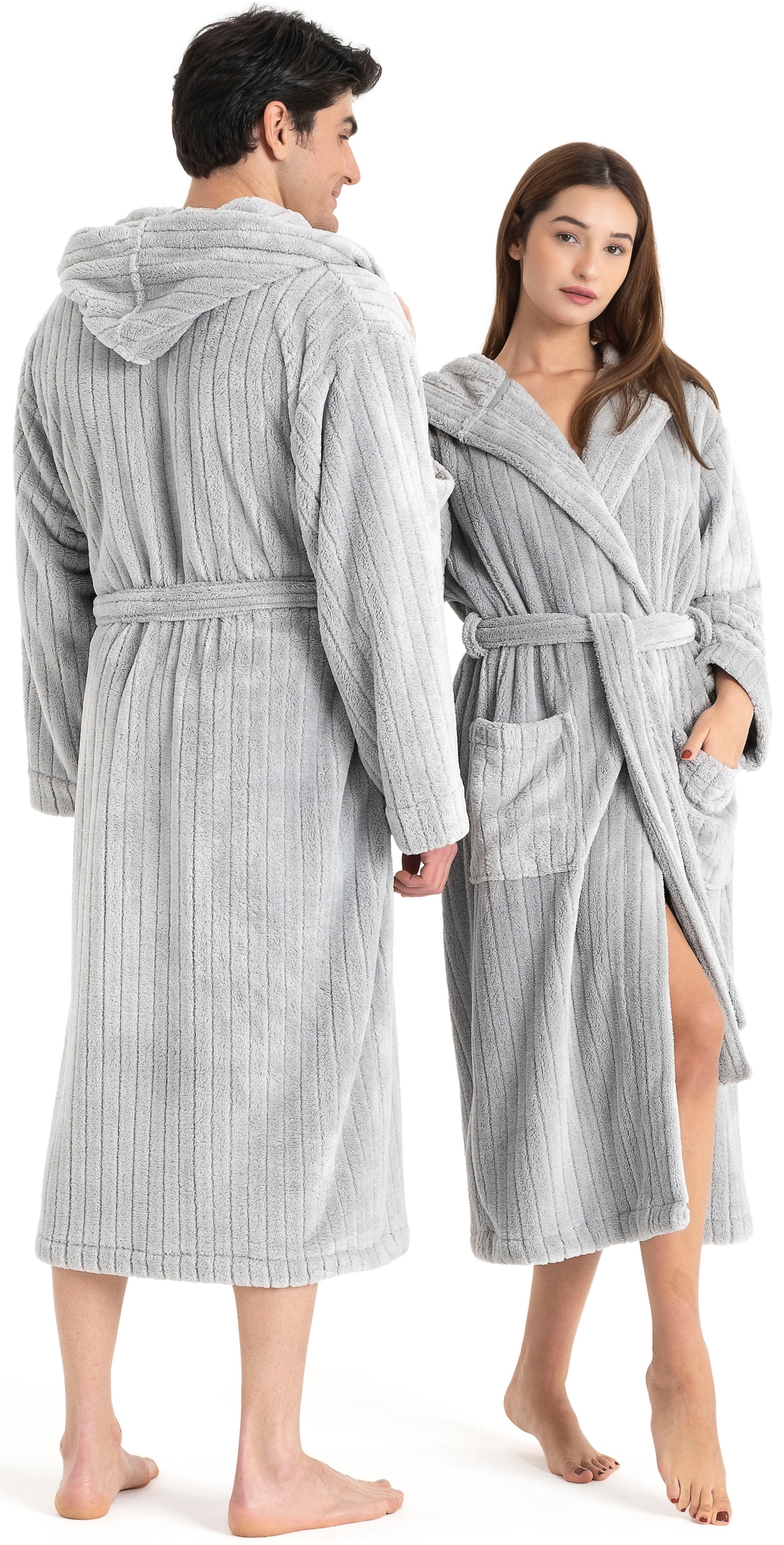 LeGer Home by Lena Gercke Peignoir de bain unisexe »Lovina gestreift, ideal für Sauna & Spa, Hotelbademantel, Morgenmantel« 1 cuis Hoch-Tief, kuschelig weicher Fleece, plüsch, Damen und Herren, XS-3XL