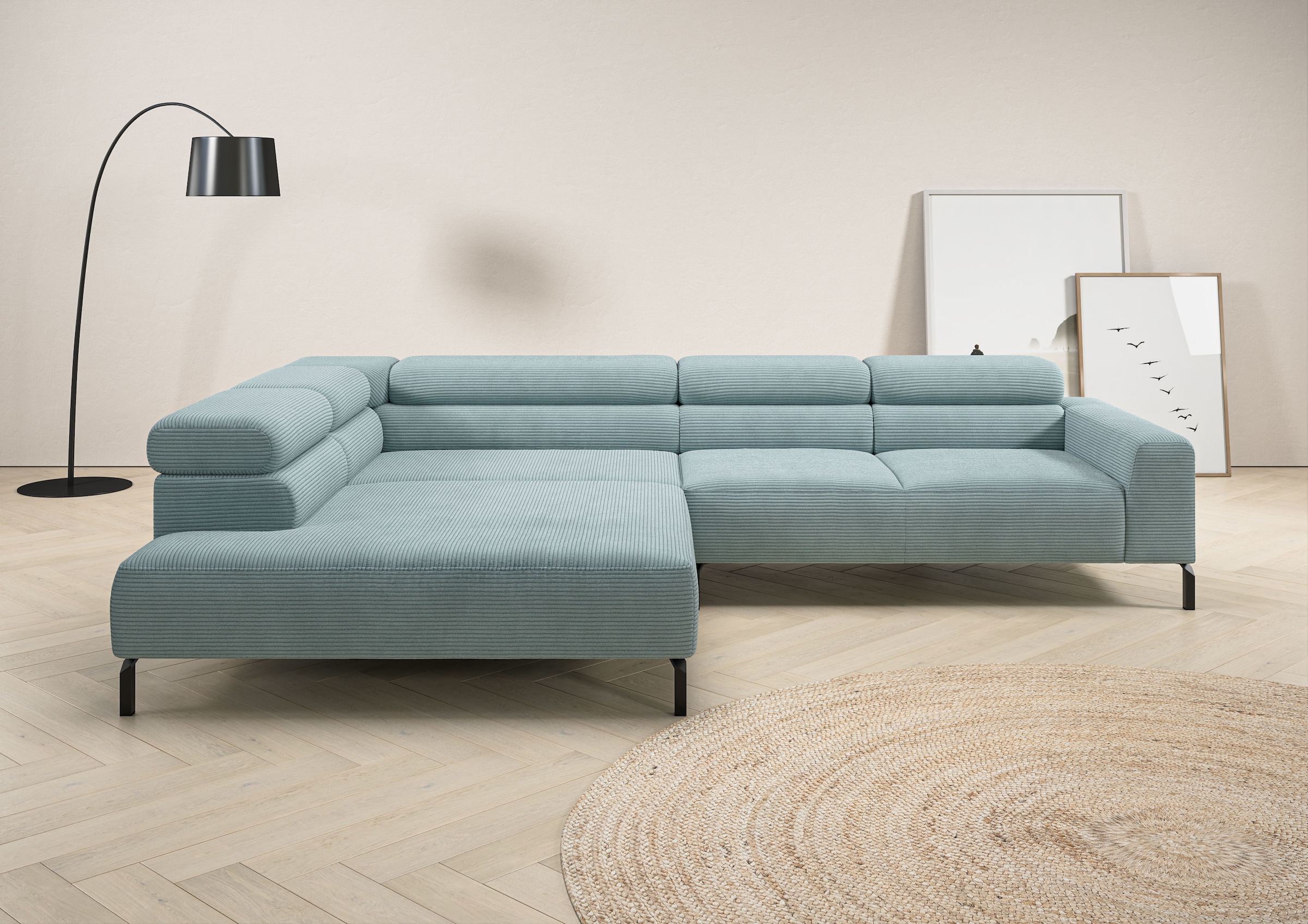Home affaire Ecksofa »Antonelli, L-Form, inkl. Kopfteilverstellung, Breite 312 cm, bequem« ohne Sitztiefenverstellung, in Cord, bleu