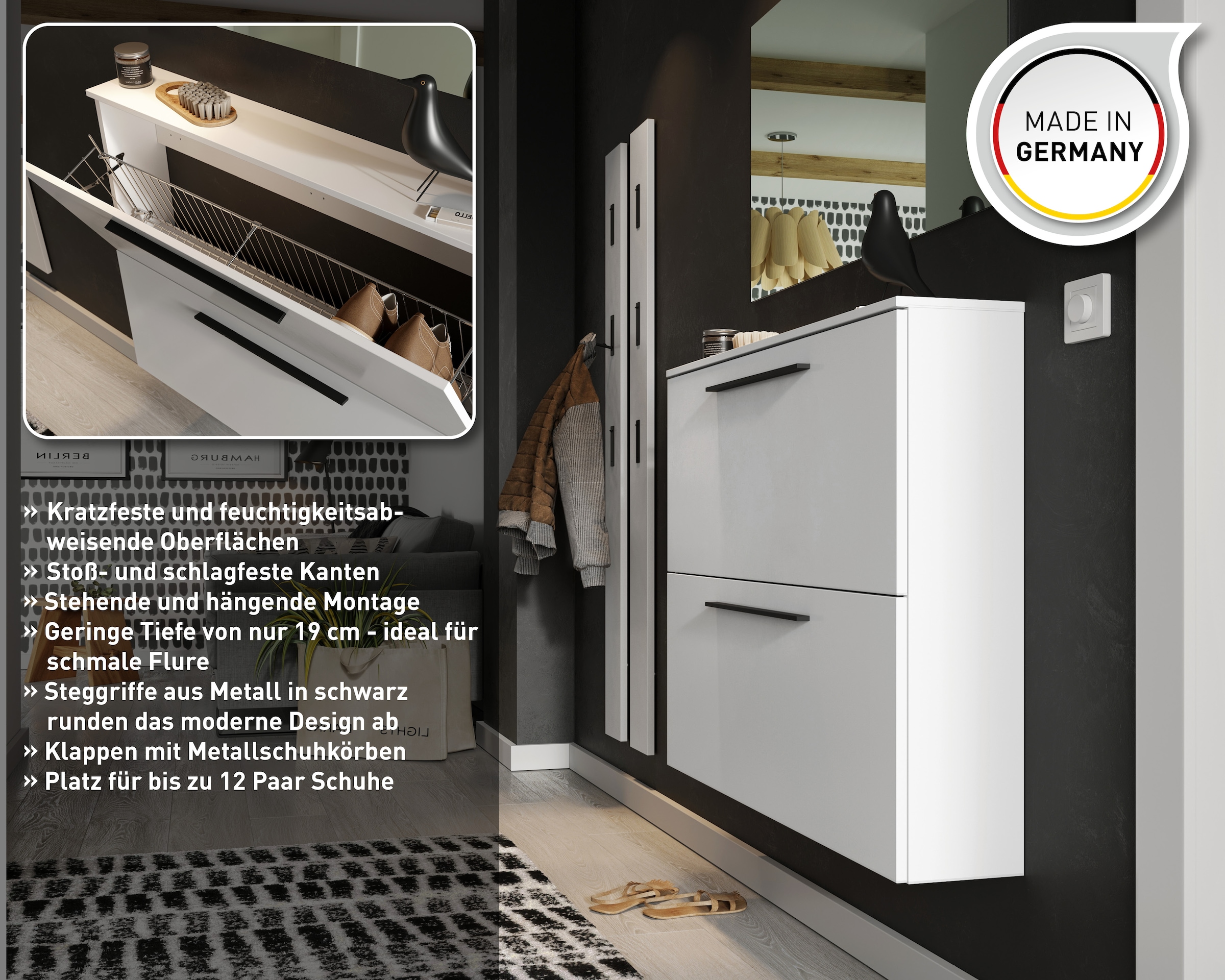 GERMANIA Armoire à chaussures »GW-Utah Schuhschrank in 2 Breiten, mit 2 oder 3 Klappen,« stehend und hängend montierbar
