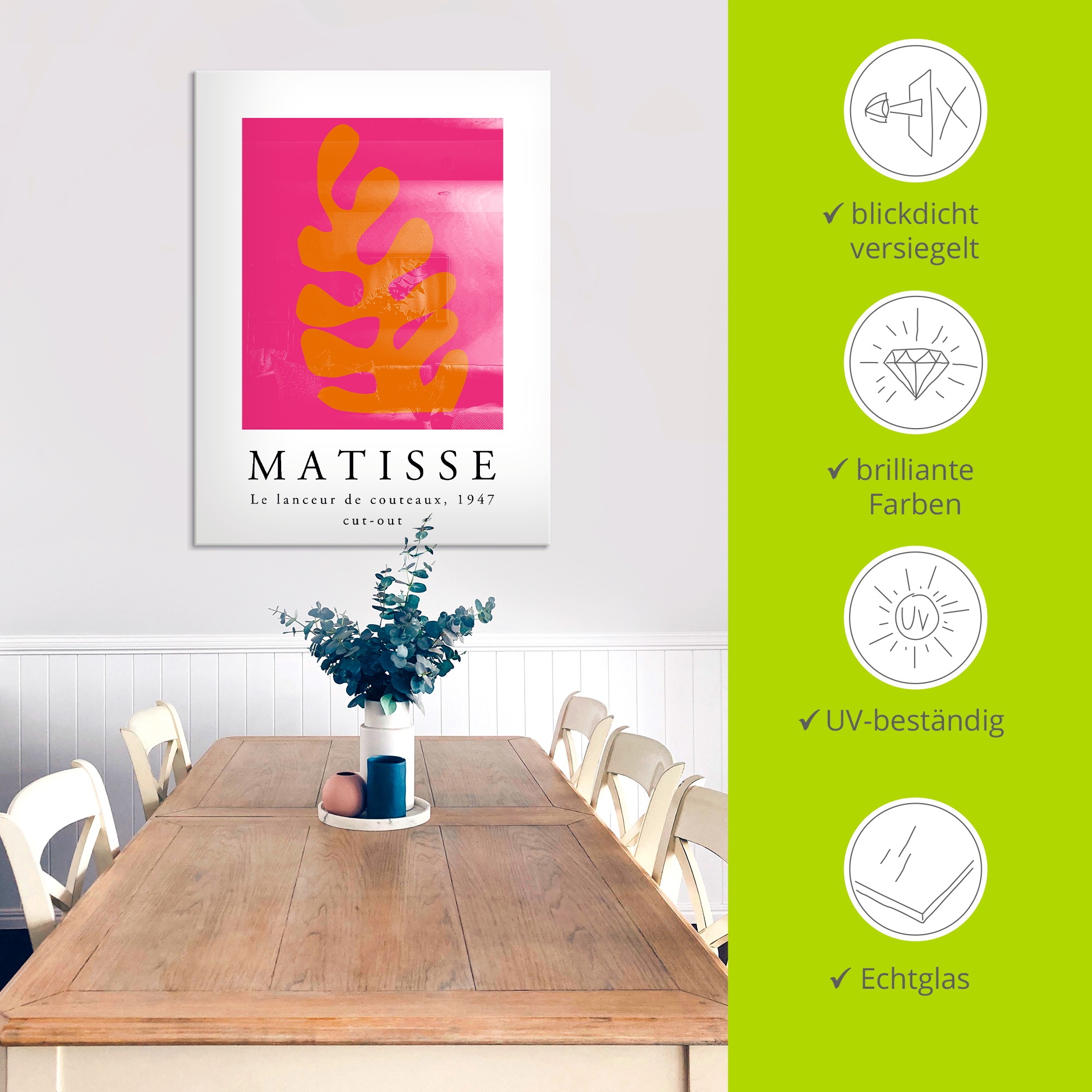 Artland Glasbild »Matisse der Messerwerfer - orange« Muster 1 Stk. tlg. in verschiedenen Grössen