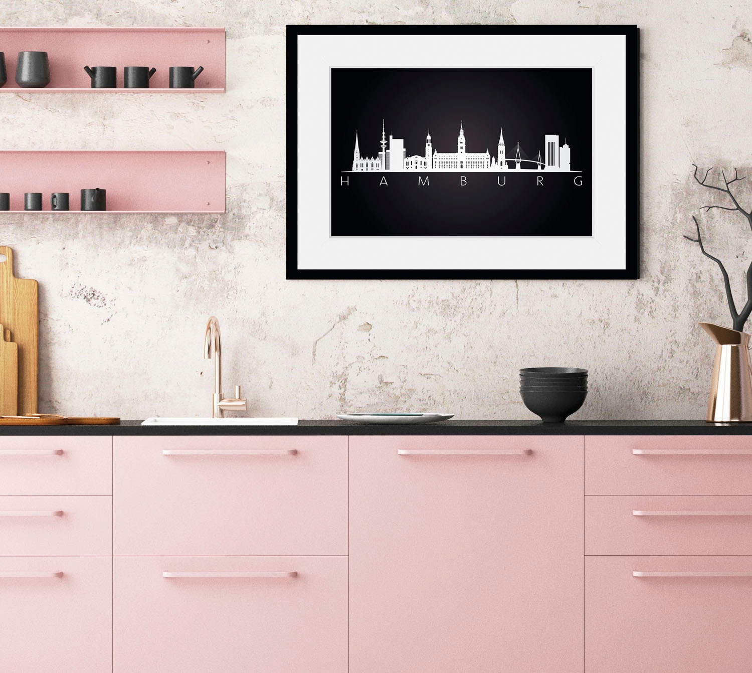 Image of queence Bild "Hamburg Sehenswürdigkeiten" Deutschland Hamburg Schriftzug Schwarz-Weiss Stadt Städte 1 Stk. tlg. HD Premium Poster-Druck inkl. Holzrahmen