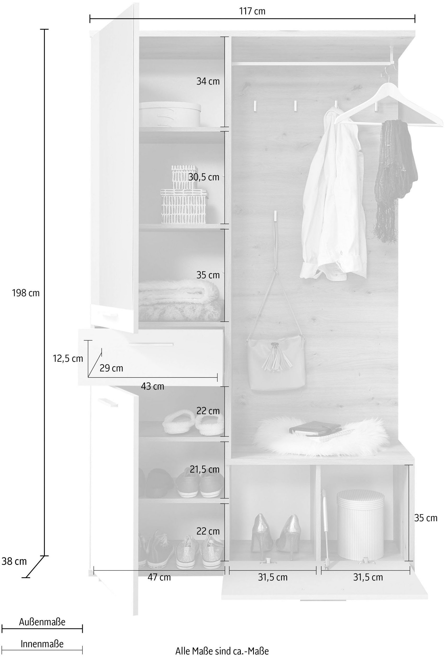 HBZ Vestiaire compact »Entra Garderobe, BxHxT 117x198x38 cm« 3 cuis tlg. avec miroir et tiroir