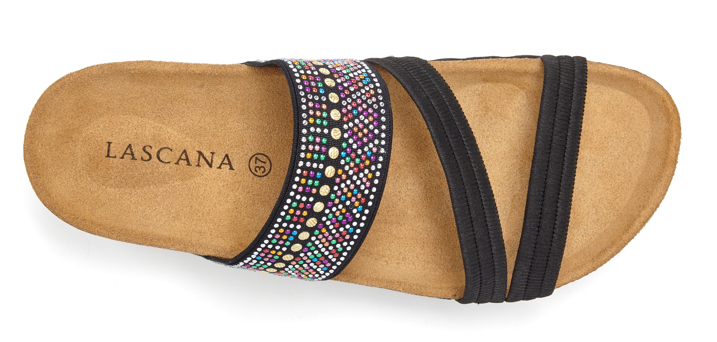 LASCANA Pantolette »Mule, Sandale, offener Schuh, Sommerschuh,«  mit Komfortkorkfussbett aus Leder und elastischen Riemen