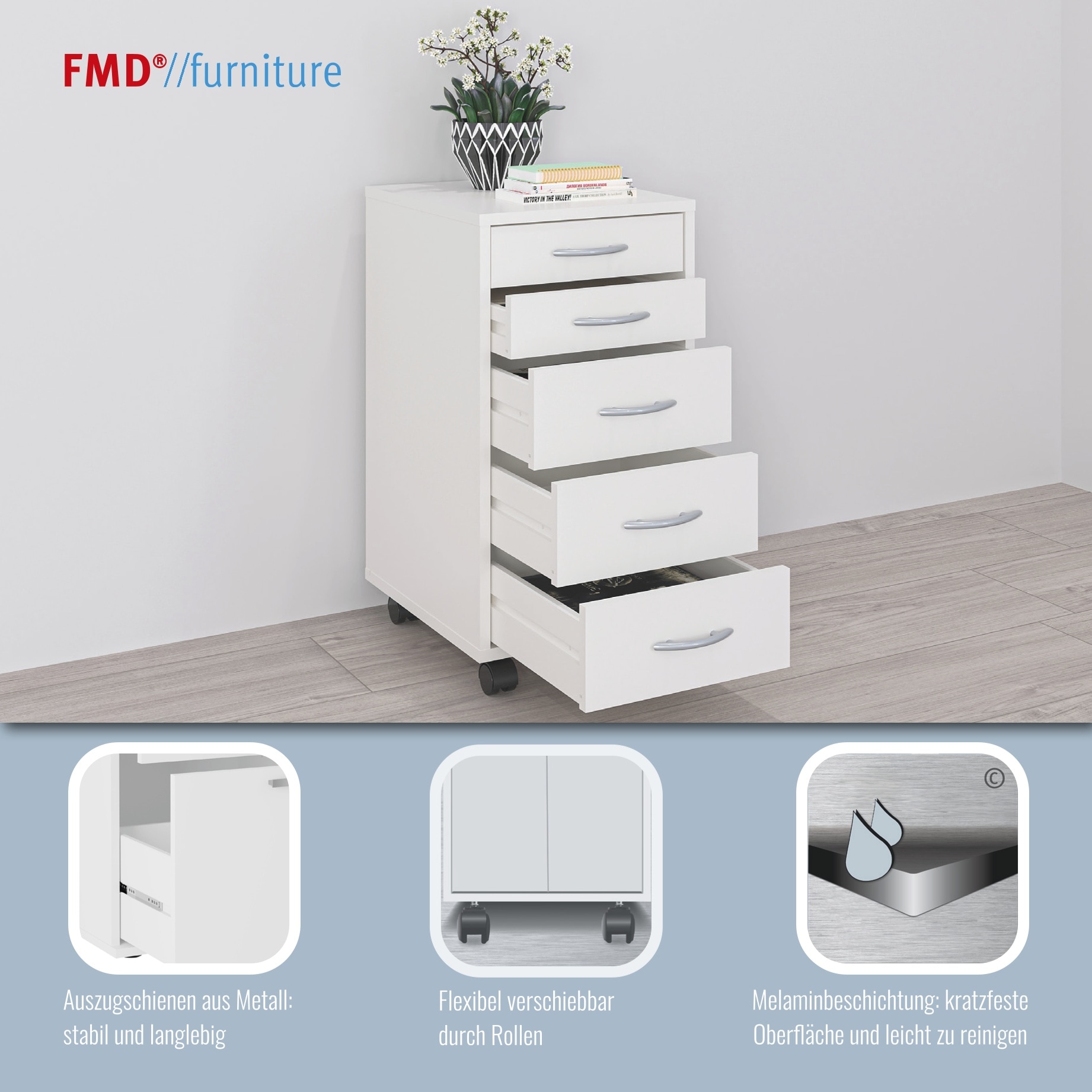 FMD Caisson à roulettes »Freddy« Büroaufbwahrung mit 5 Schubkästen auf Rollen, 63 cm hoch