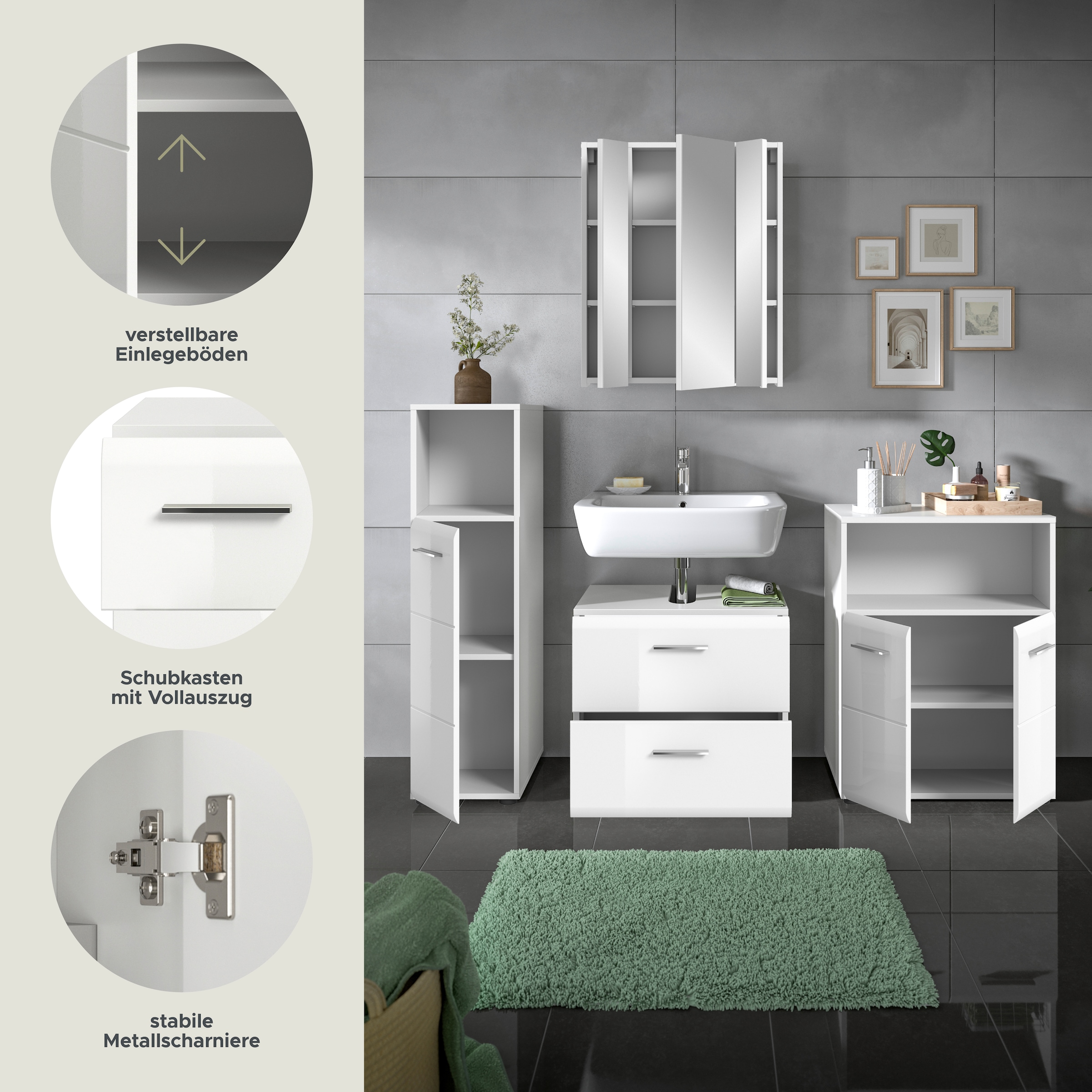 INOSIGN Badmöbel-Set »FLORENZ, TOPSELLER!, 4-teilige Badkombination, hochwertige MDF-Front« Set, Midischrank hoch, WBU, Spiegelschrank, Midischrank breit, 