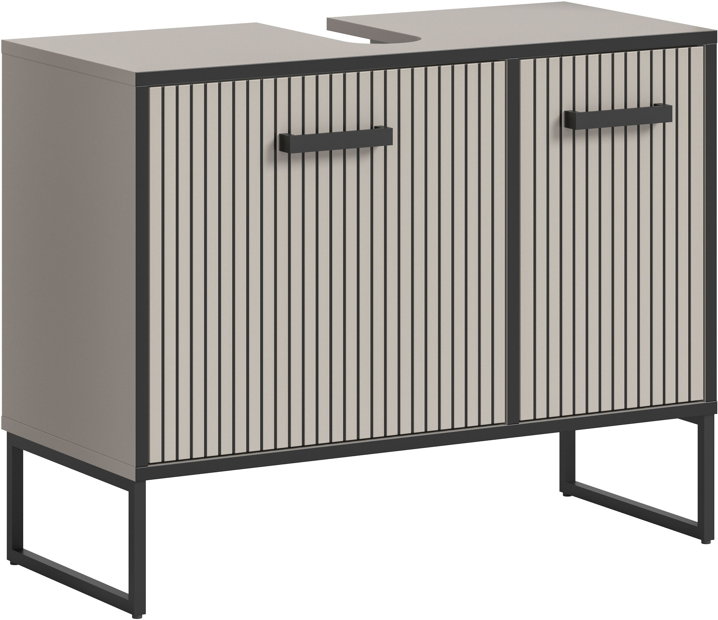 Image of welltime Waschbeckenunterschrank "LOCRI, Höhe 63 cm, 2 Türen, 2 Einlegeböden, mit Siphonausschnitt" industrial Look mit Rillenoptik & Metall Kufen, 1 Stk. tlg. Badmöbel, Badschrank, Badkommode, Kommode, Schrank, Bad, Badezimmer