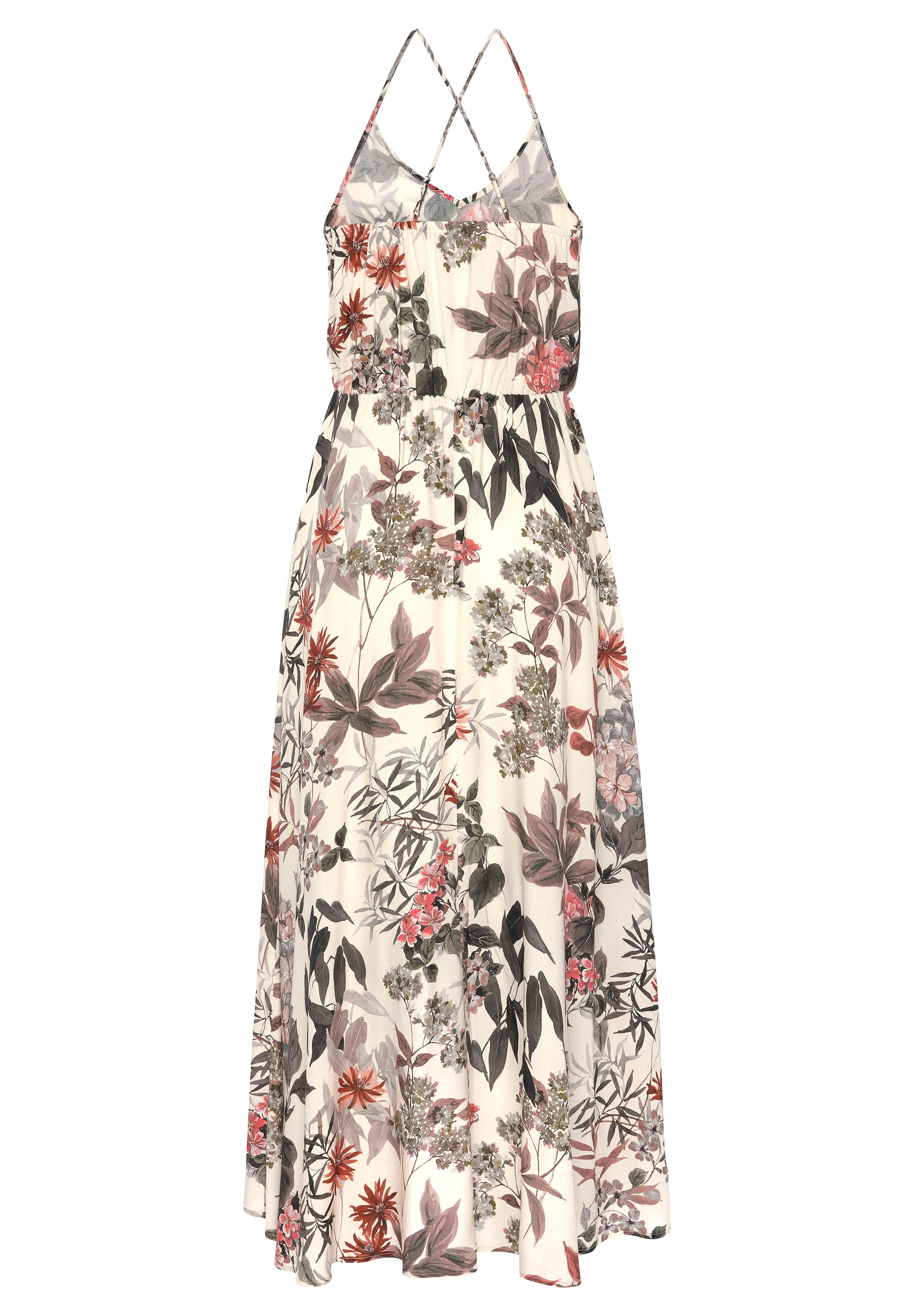 LASCANA Maxikleid, mit Blumenprint, leichtes Sommerkleid im Vokuhila-Stil, Strandkleid