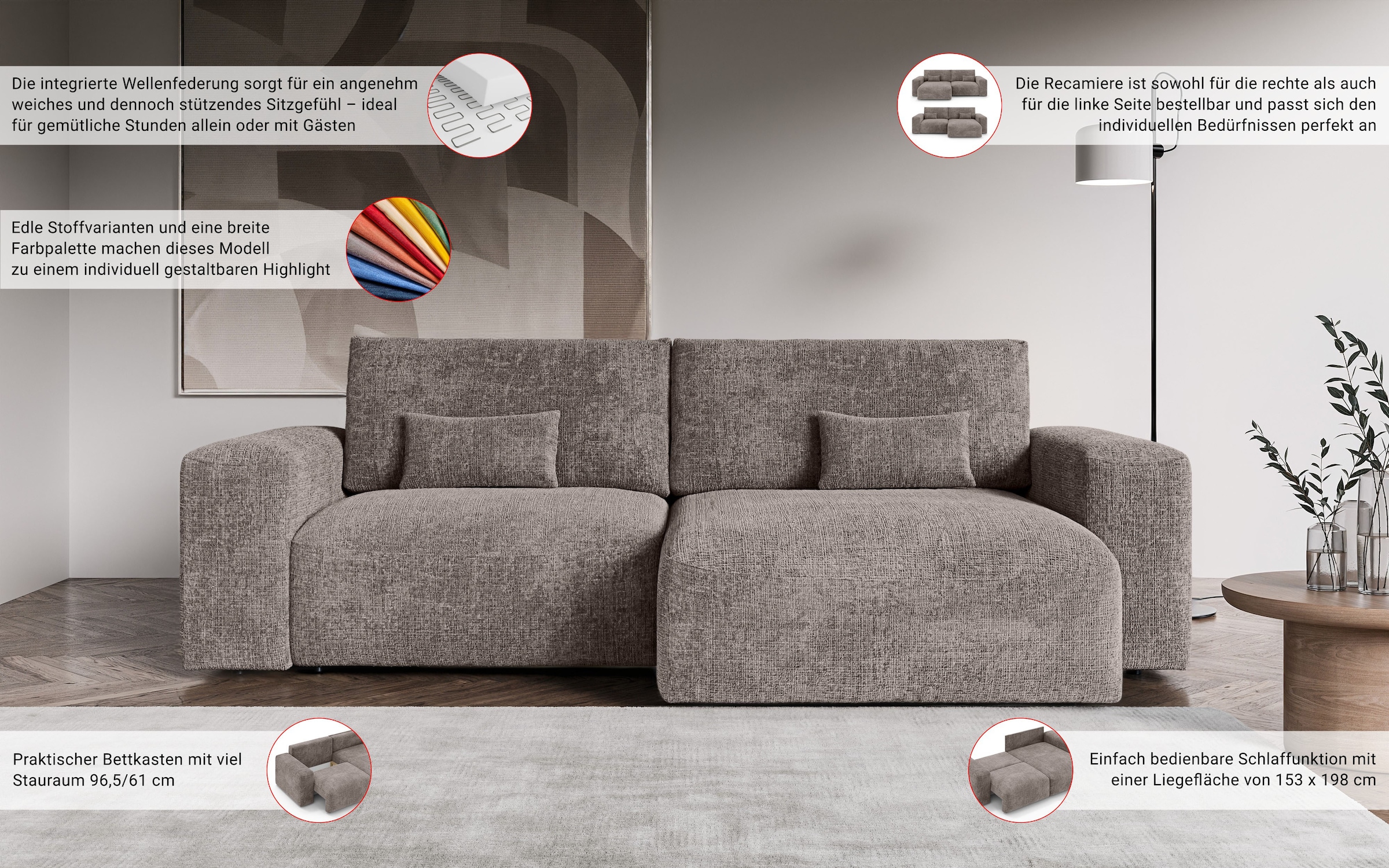 GOODproduct Ecksofa »MATTS Schlafsofa mit Bettkasten, Masse B/T/H: 265/159/89 cm« L-Form mit Recamiere rechts oder links, hoher Sitzkomfort