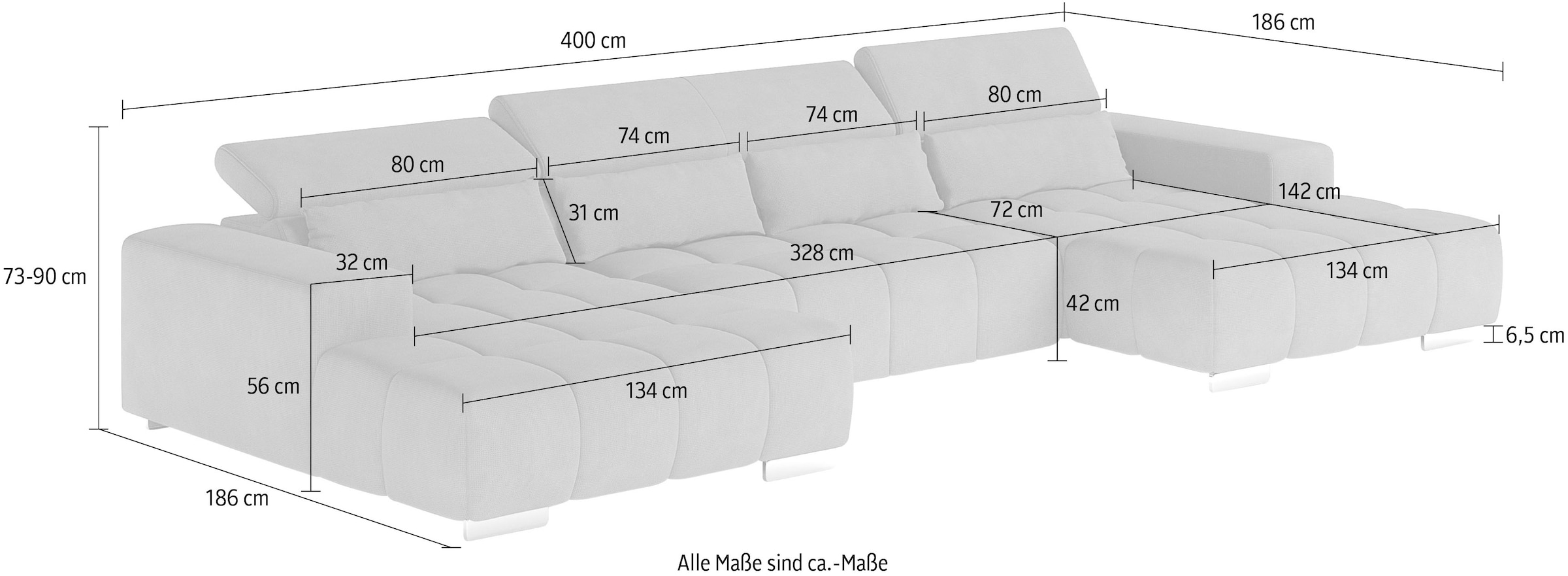COTTA Wohnlandschaft »Orion U-Form, B: 400 cm« Kopfteilverstellung & 4 Kissen, optional elektr. Sitztiefenverstellung