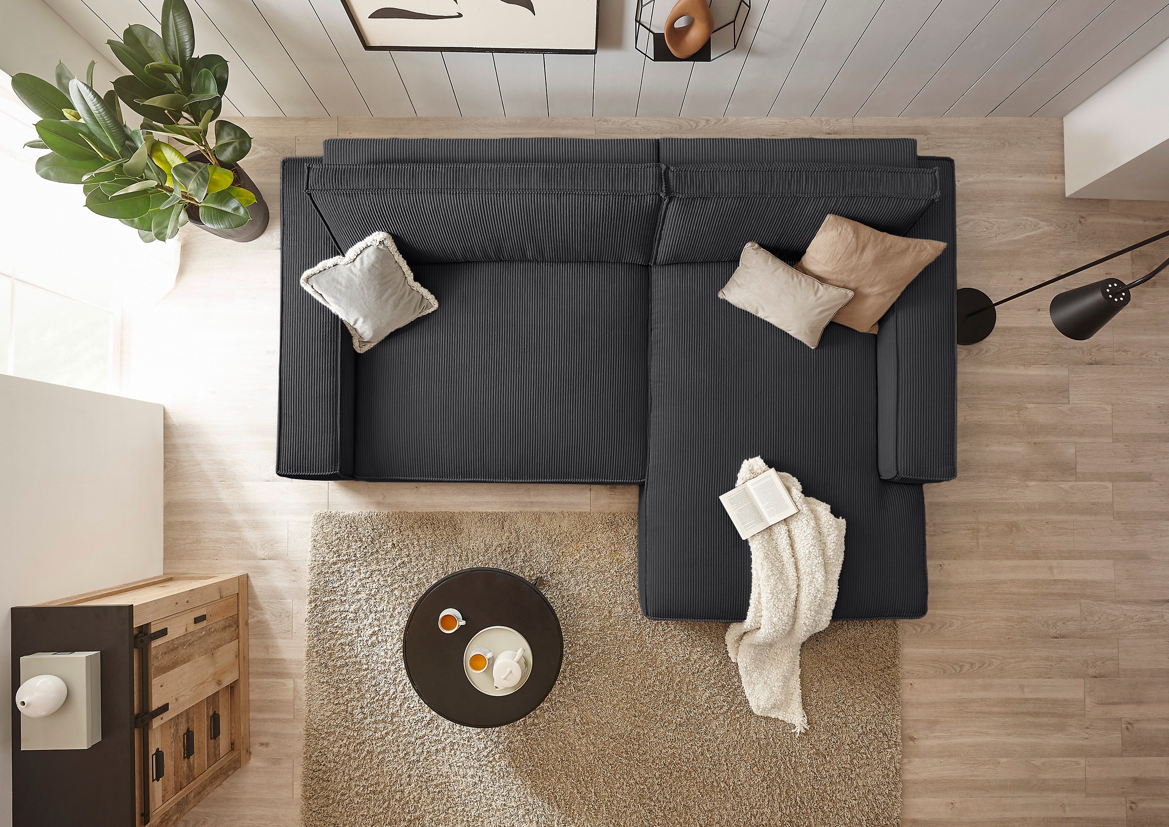 Home affaire Canapé d'angle »NEU: SHERWOOD XXL 284, Big-Sofa L-Form, tiefe Sitzfläche 95 cm, Cord« Recamiere rechts/links, als Schlafsofa stellbar, Cord u. Leinenoptik