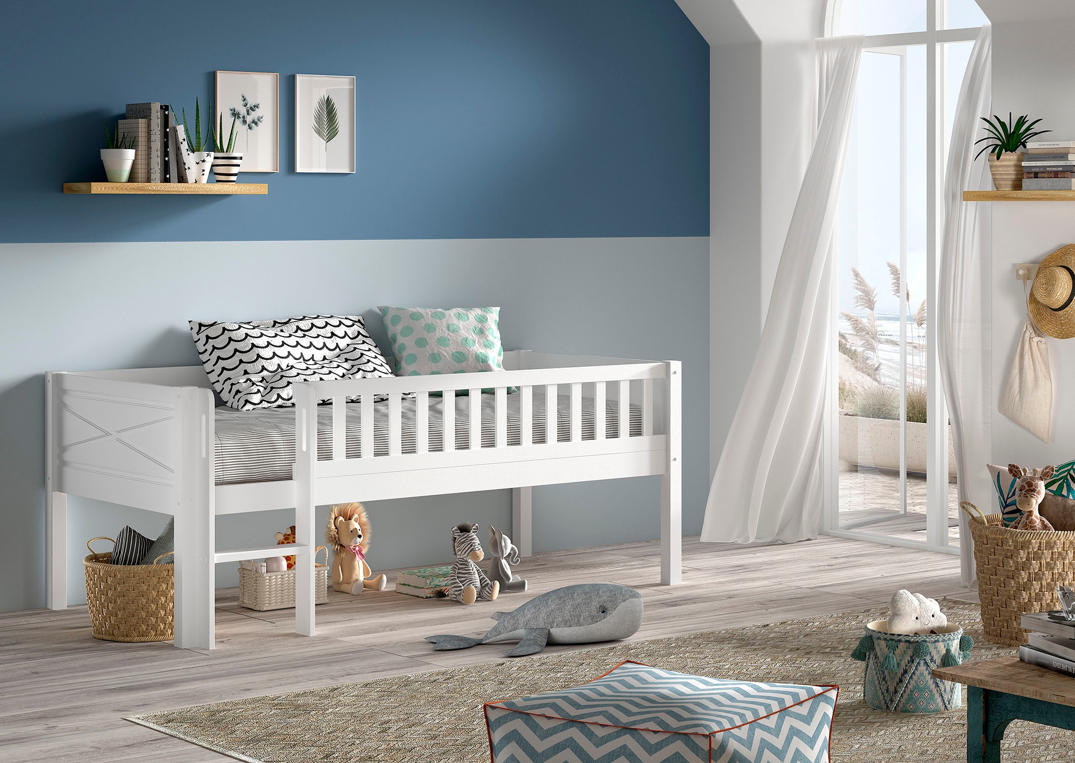 Vipack Spielbett »Scott mit niedriger Einstiegshöhe, inkl. Leiter und Rolllattenrost« in Kiefer massiv, weiss 90x200 cm, wahlweise ohne und mit Rollboxen