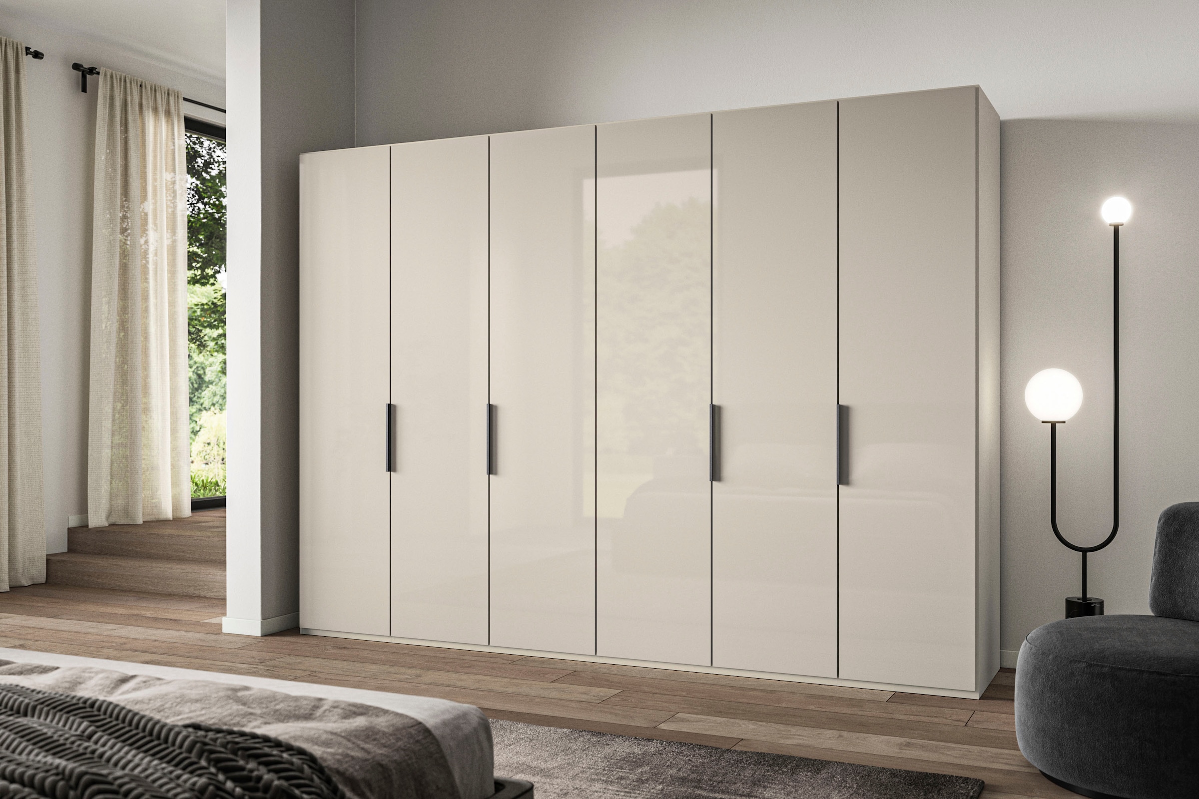 WIEMANN Armoire à portes pliantes »Ohio, Kleiderschrank, Schrank, Garderobe, mit Glasfront, 300 cm« Inclus étagères et tringles à vêtements, 2 hauteurs, MADE IN GERMANY,  comprend amortisseur de porte, façade en verre de haute qualité