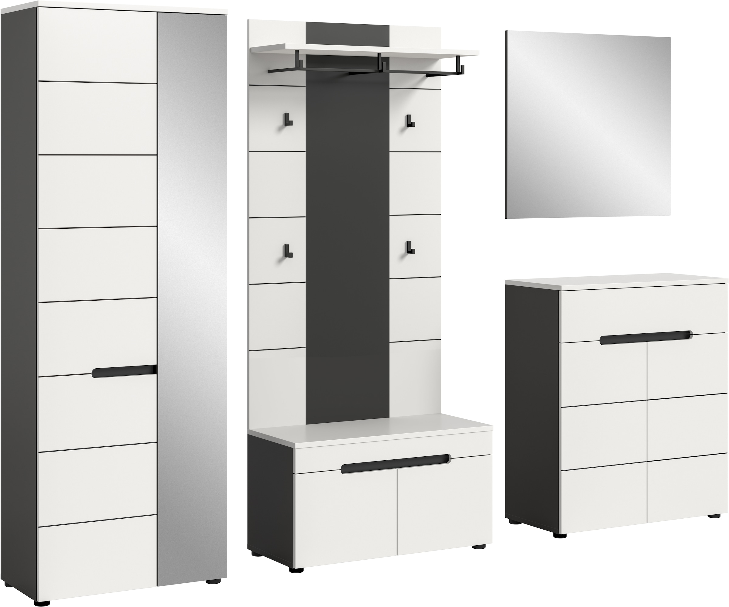 Home affaire Garderoben-Set »REHAT, TOPSELLER!, 5-teilig, Breite 255cm, individuell erweiterbar« Set, bestehend aus: Garderobenschrank, Sitzbank, Paneel, Spiegel, Kommode, 5 Stk. tlg.