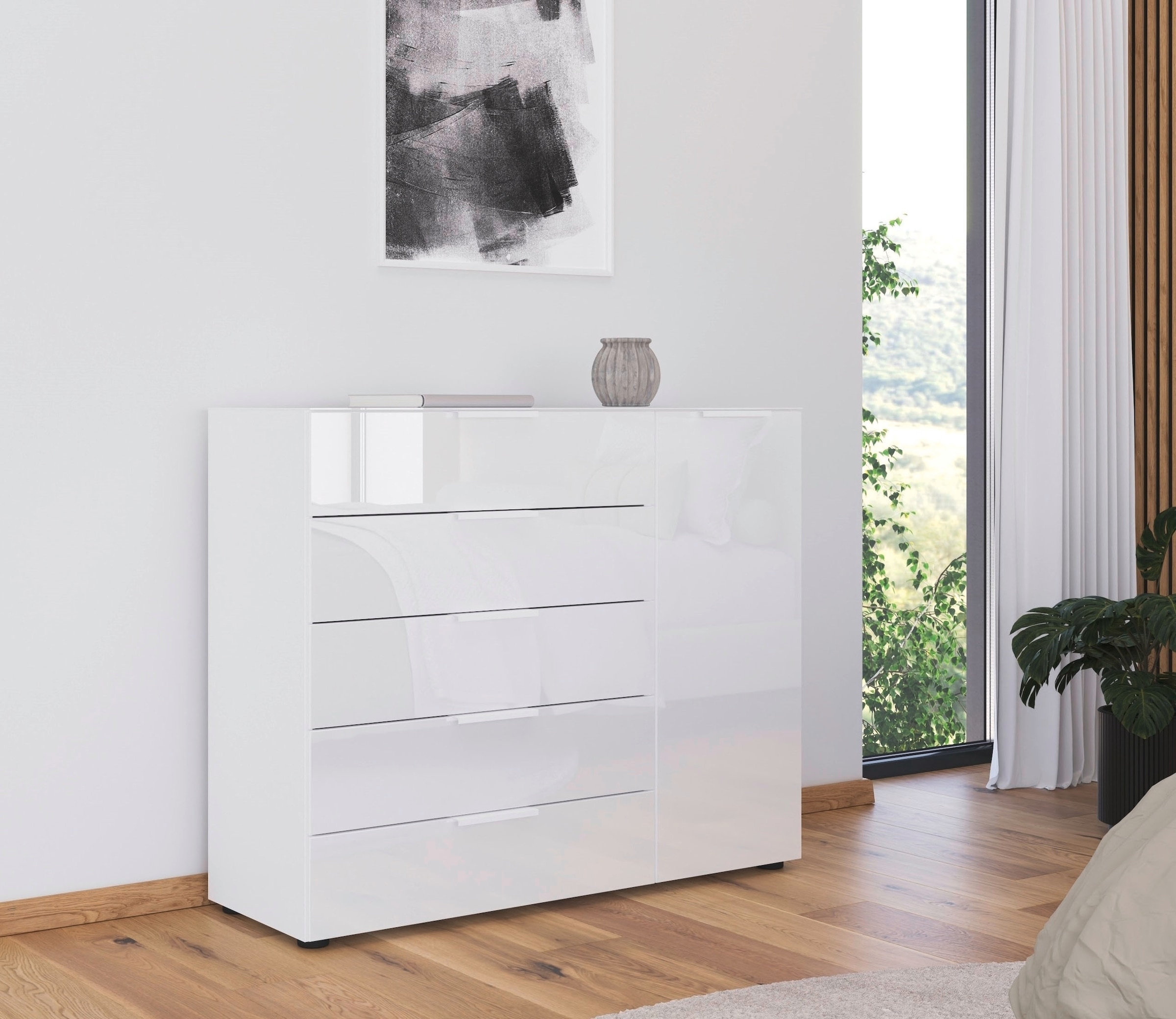 rauch Schubkastenkommode "Kommode Türkommode Sideboard Kombikommode FLIPP mit Glasfront" Breite 120 cm mit 2 Einlegeböden, 1-türig, 5 Schubladen, Soft-Close-Funktion, Oberboden und Front Glas